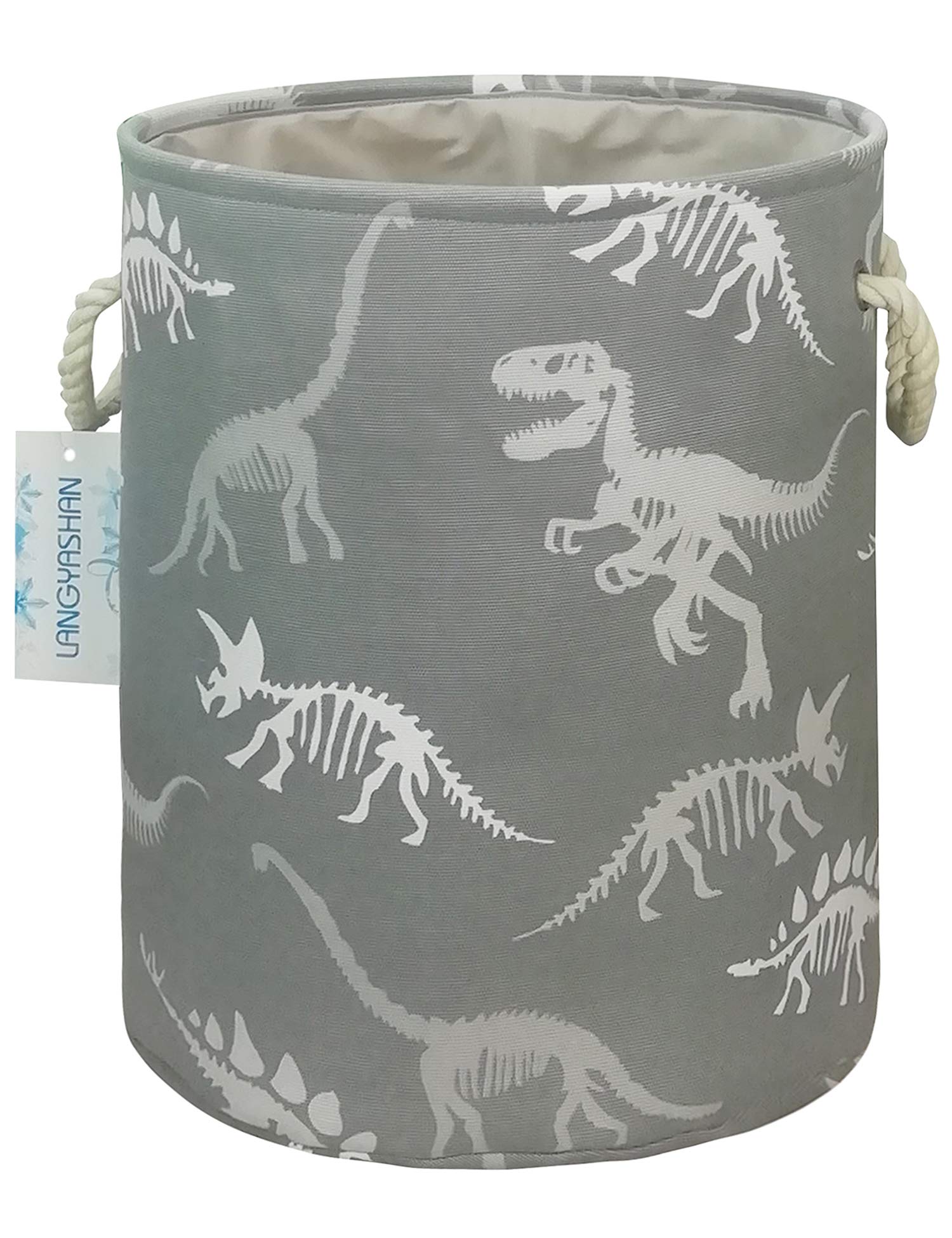 Collapsible Canvas Laundry Basket with Gray Dinosaur Print - Foldable Storage Organizer for Kids Room, Nursery, or Playroom - Perfect for Boys & Girls Clothes, Toys, and Nursery Organization