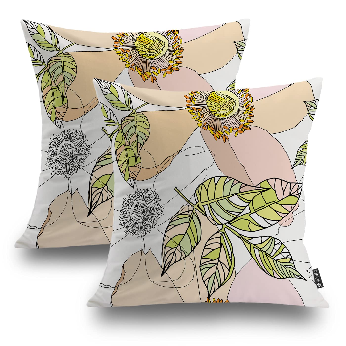 Shrahala Pastel Blooming Flowers Pillow Covers Set of 2 - 16x16 Inch (40x40cm) Decorative Throw Pillowcases with Leaves & Anemone Floral Design for Sofa, Bed, Living Room & Home Decor