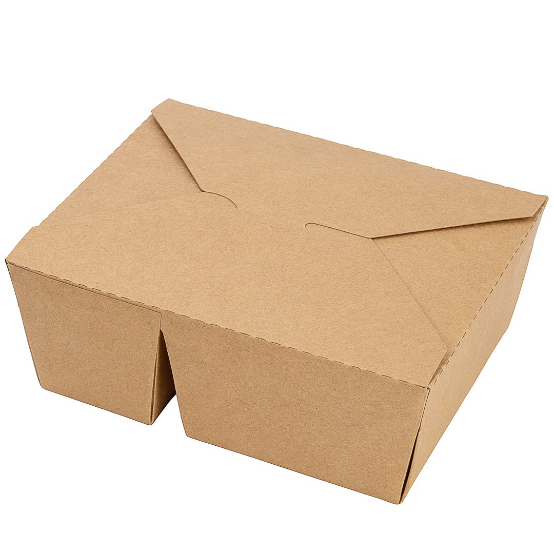 Eco-Friendly 47oz Kraft Paper Takeout Containers - 200 Pack 2-Compartment Greaseproof Food Boxes with Secure Tab-Lock | Ideal for Restaurants, Catering & Meal Prep | Safe for Hot/Cold Foods, Perfect for Takeout, Delivery & Leftovers