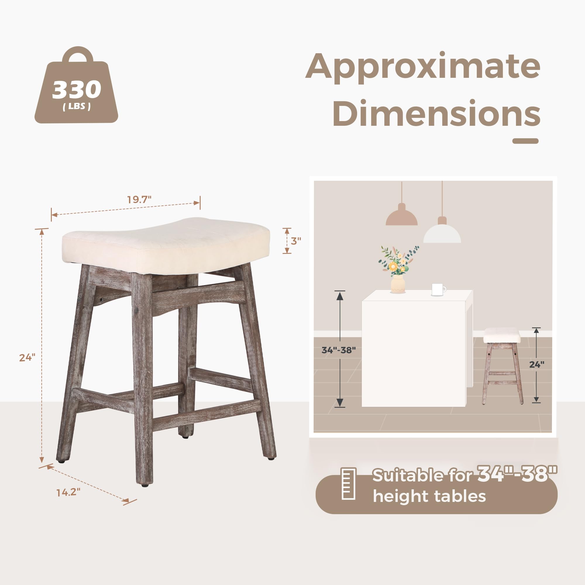 MAISON ARTS Set of 2 Farmhouse Bar Stools - 24 Inch Counter Height Solid Wood Legs with Upholstered Fabric Saddle Seat for Kitchen Island (34
