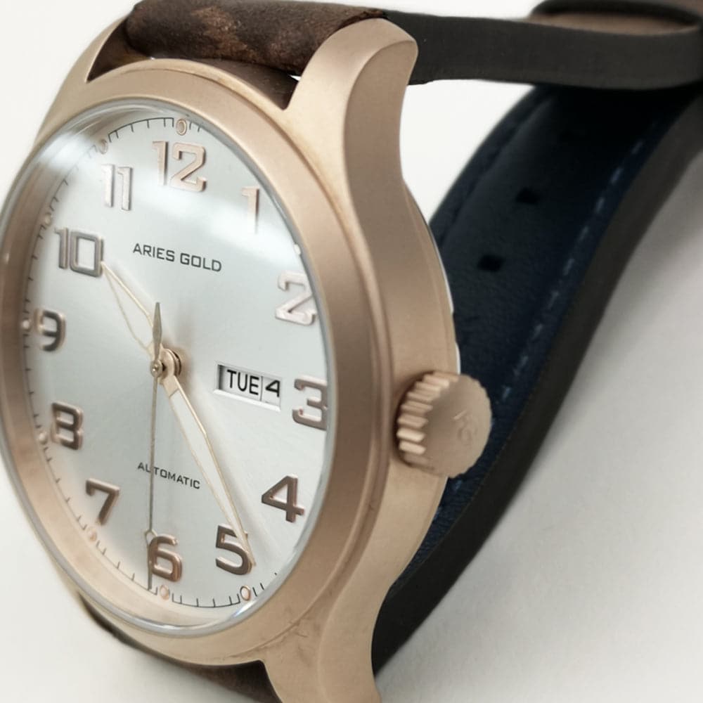 ARIES GOLD Automatic Men's Watch - Rose Gold Stainless Steel Case, Brown Leather Strap (Model G 9017 RG SRG) | Elegant Dress Watch for Business & Formal Occasions