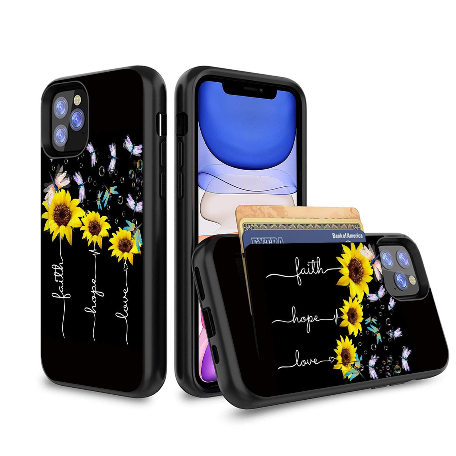Faith Hope Love Sunflower iPhone 12 Pro Max Case - Dual Layer Hard Back Cover with Wallet Pocket for Credit Cards & ID (6.7 inch) - Protective Phone Case for Everyday Use, Travel & Work