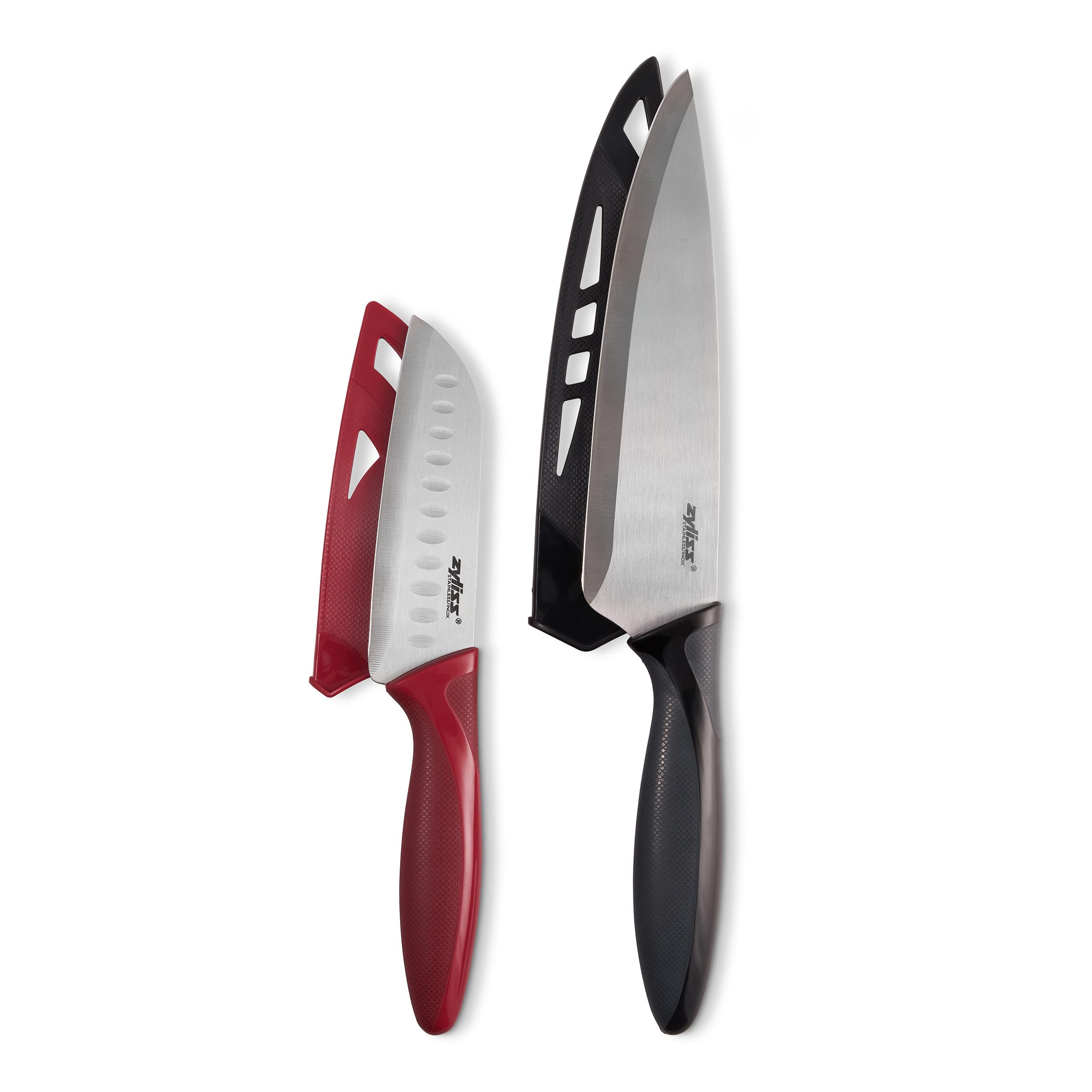 Zyliss Premium Stainless Steel Kitchen Knives Set - 2-Piece Santoku & Chef Knives with Sheath Covers - Dishwasher Safe - Sharp Blades for Meat, Vegetables & Fruit Cutting - Ideal for Home Cooking, Meal Prep & Professional Kitchens
