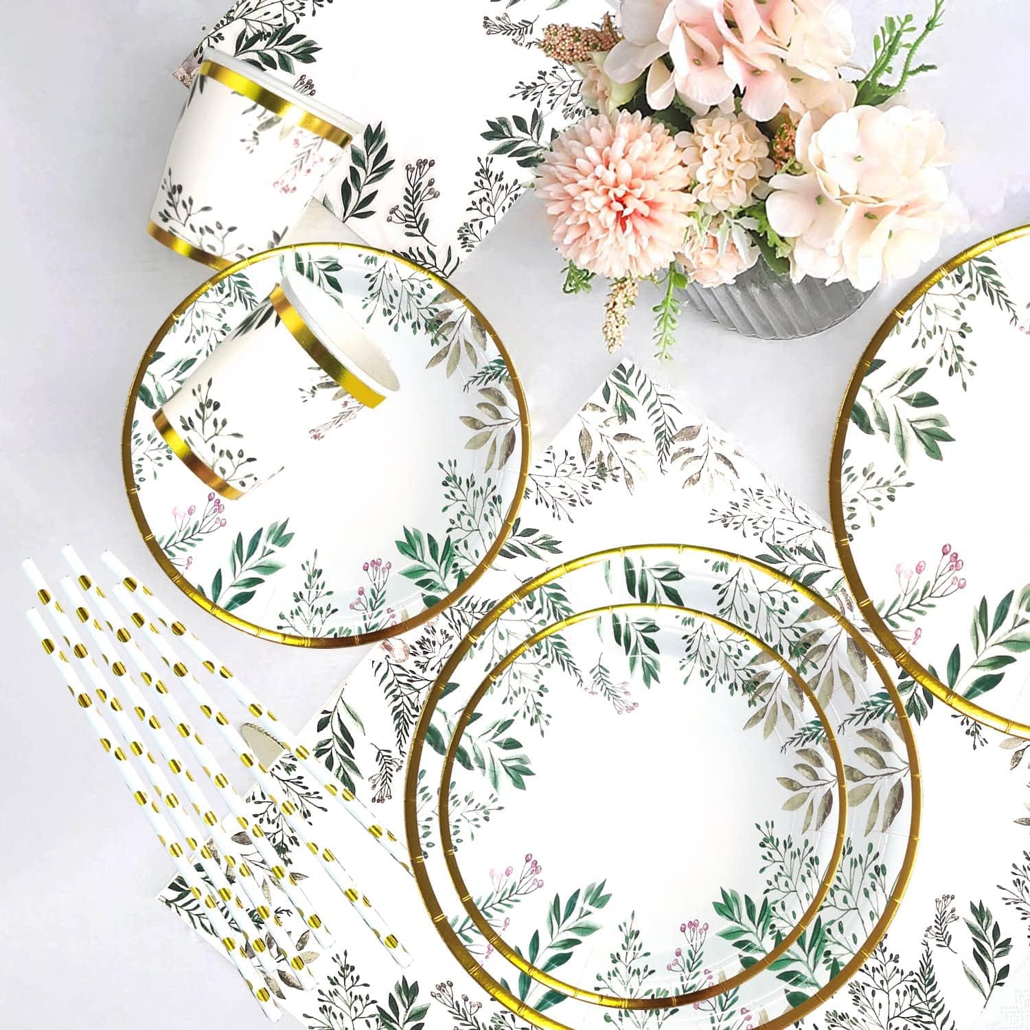 JTKLION 125-Piece Green & Gold Disposable Party Tableware Set - Includes Paper Plates, Cups, Napkins & Straws for 25 Guests | Perfect for St. Patrick's Day, Birthday Parties & Eco-Friendly Events