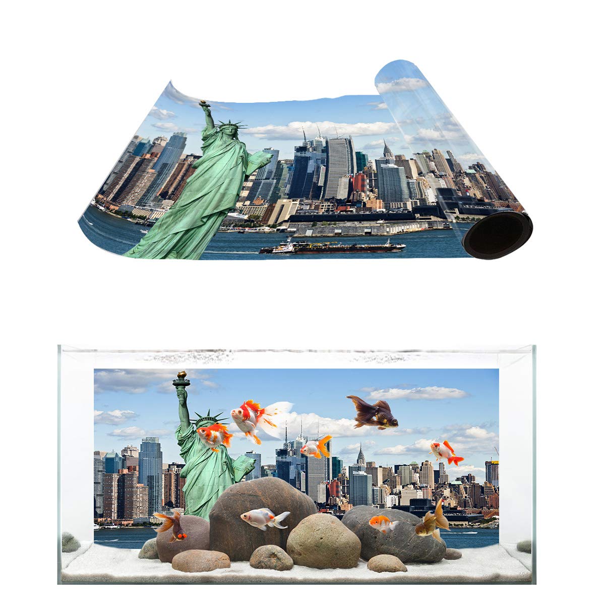 T&H XHome Aquarium Decor - Statue of Liberty Fish Tank Background Sticker | PVC Adhesive Poster 36.4x16.4 Inch | Perfect for Home & Office Aquarium Decoration