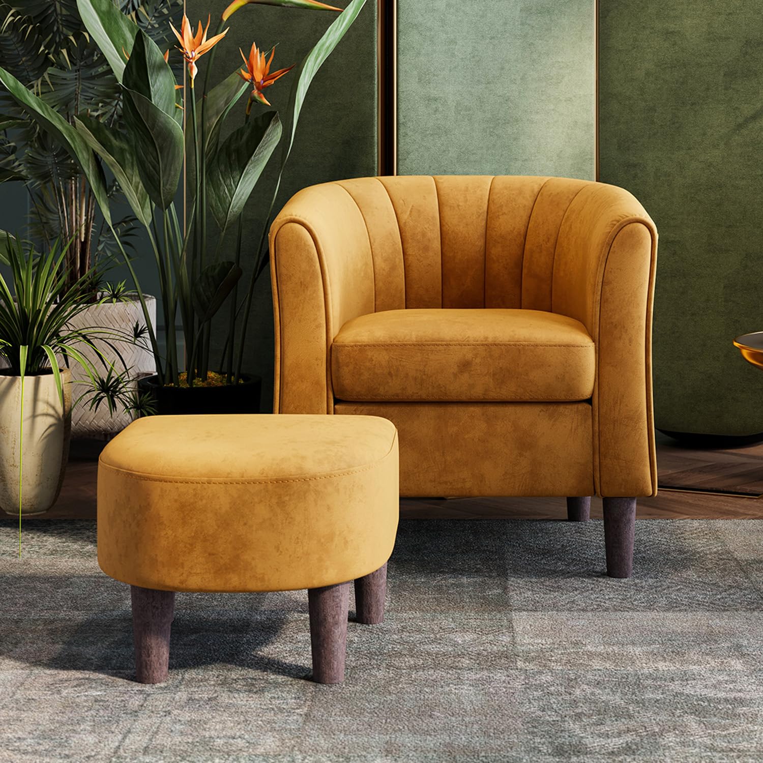 LINSY Modern Velvet Accent Chair with Ottoman - Barrel Style Comfy Armchair with Footrest for Living Room, Bedroom & Reading Room - Round Arms Lounge Chair in Yellow | Perfect for Relaxing, Reading & Home Decor