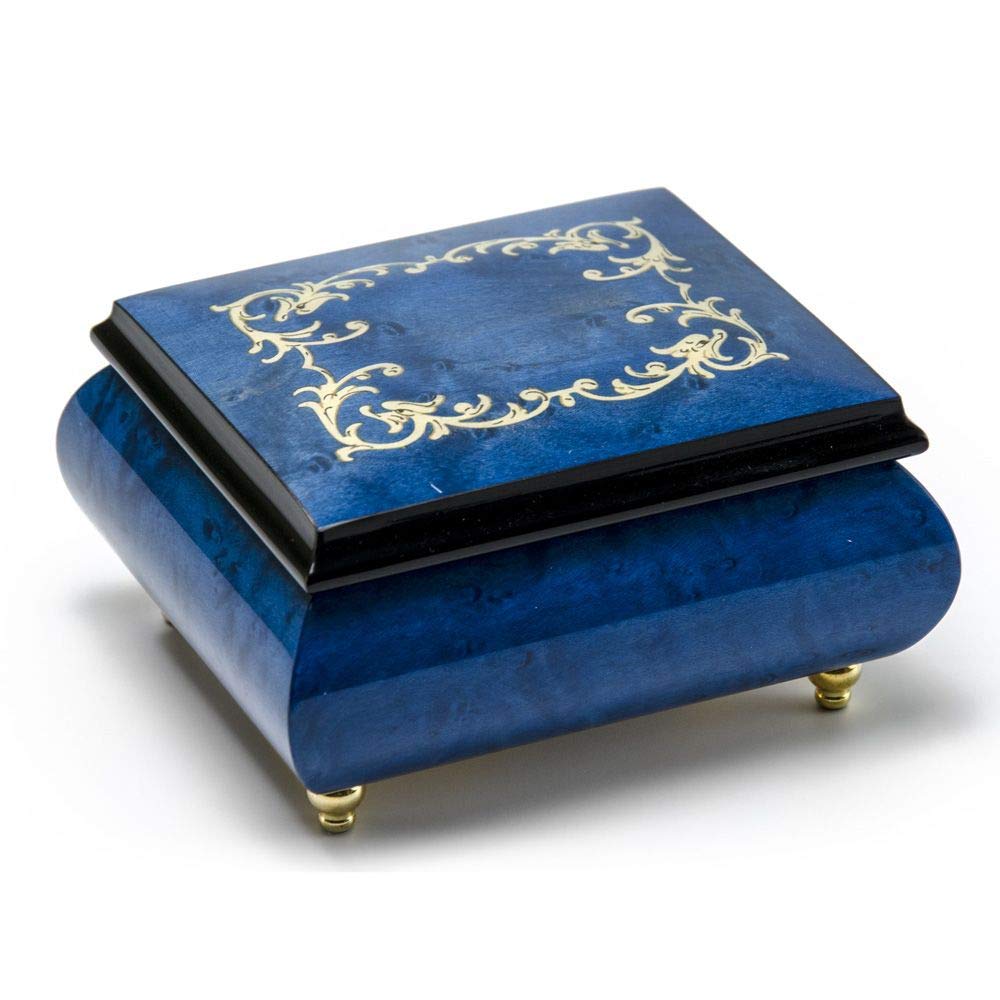 Vintage Royal Blue Arabesque Wood Inlay Music Box with Multiple Song Options - Perfect for Home Décor, Wedding Gifts & Collectors - Plays Clair de Lune