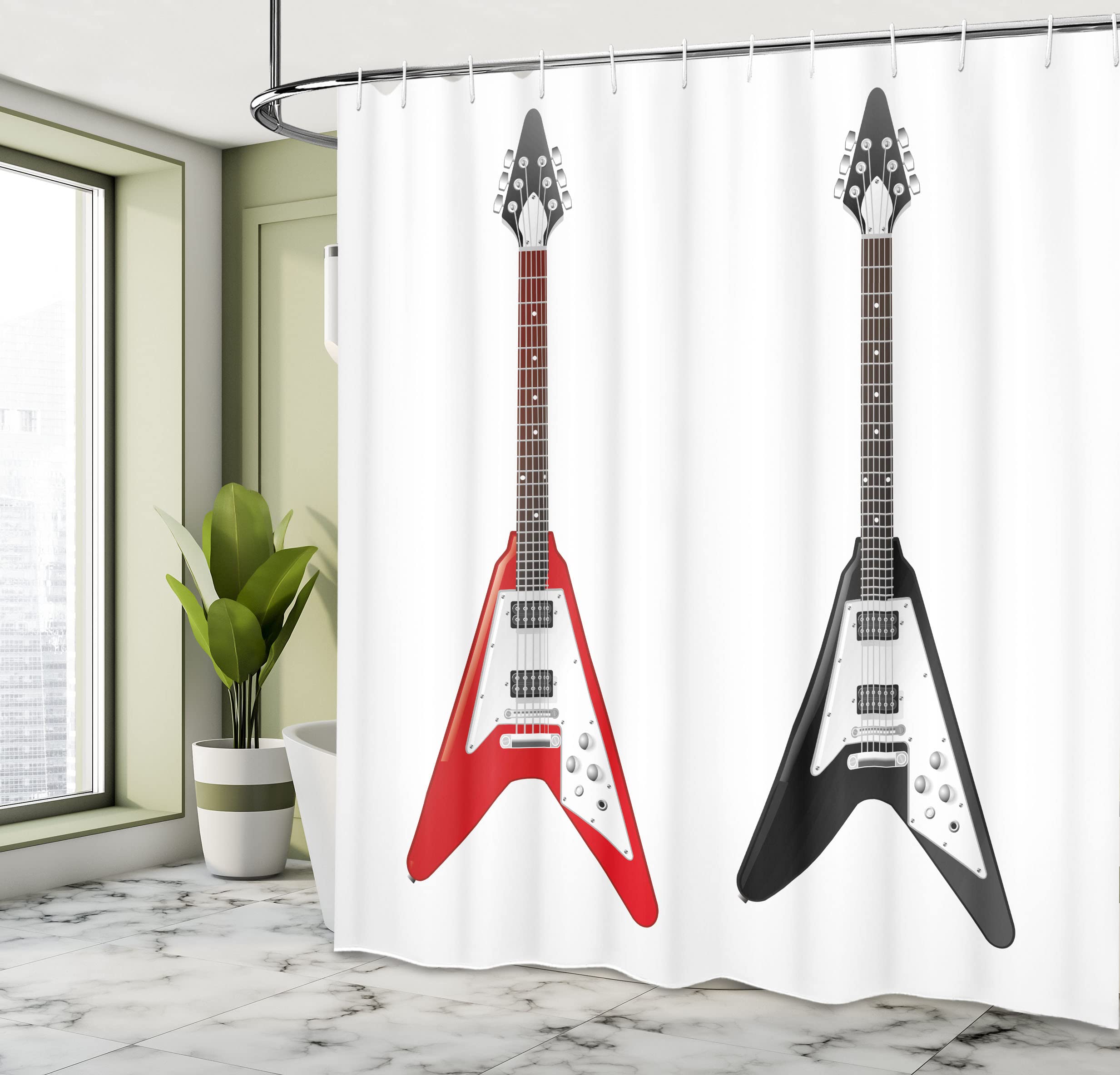 Ambesonne Guitar Shower Curtain - Musical Instrument Design with V-Shaped Rock & Roll Strings, 69x75 Inch Fabric Bathroom Decor with Hooks (Vermilion Dark Grey) - Perfect for Music Lover's Bathroom & Rock Theme Decor