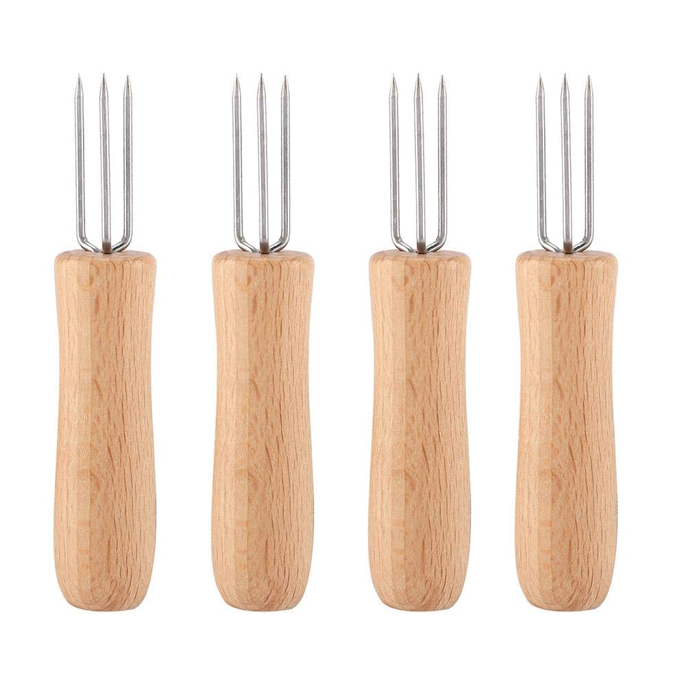 4Pcs Wooden Handle Stainless Steel BBQ Forks Set - Meat, Fruit, Corn & Dessert Forks for Grilling, Picnics and Outdoor Parties