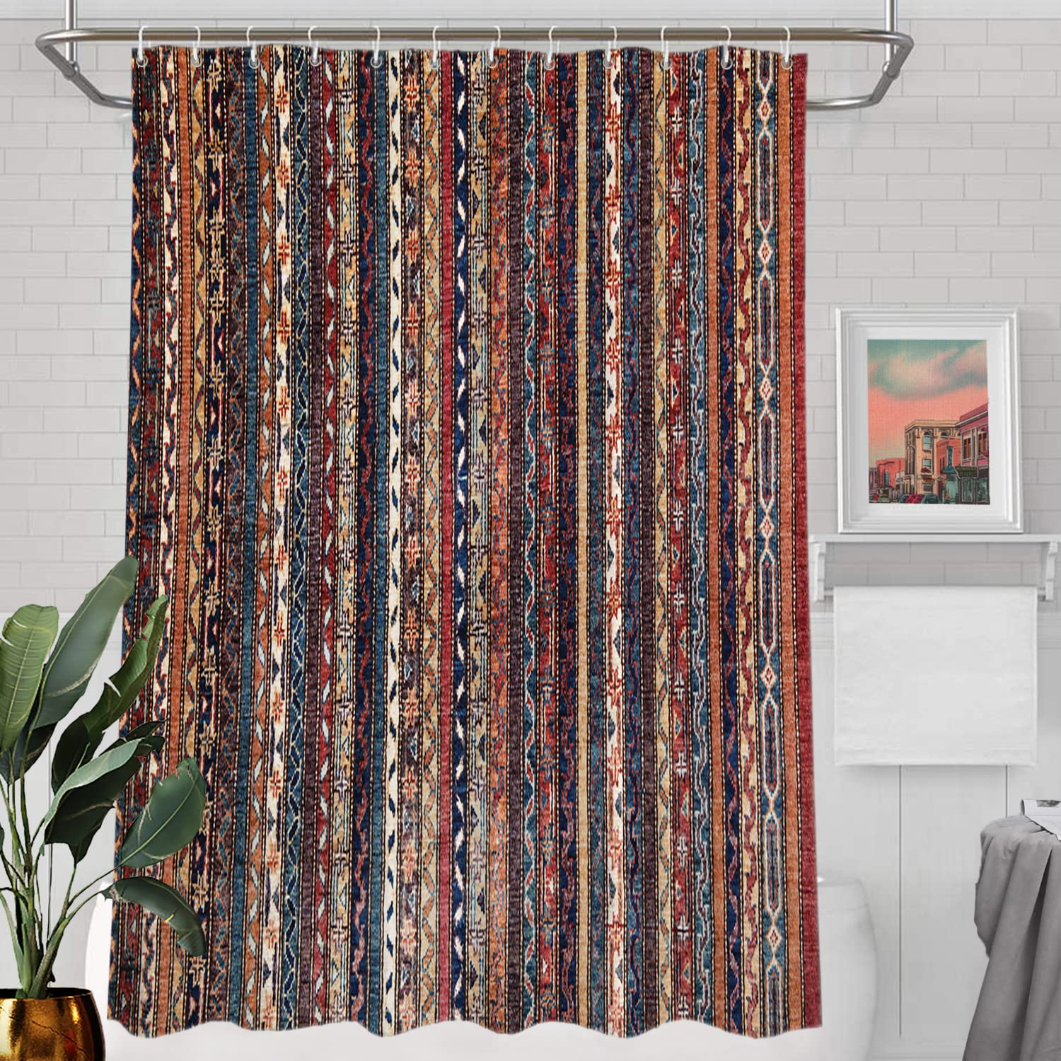 Batmerry Vintage Turkish Floral Shower Curtain - Waterproof Persian Oriental Carpet Design Woven Burlap Bathroom Decor (72x72 inches) - Perfect for Boho, Farmhouse & Modern Bathrooms