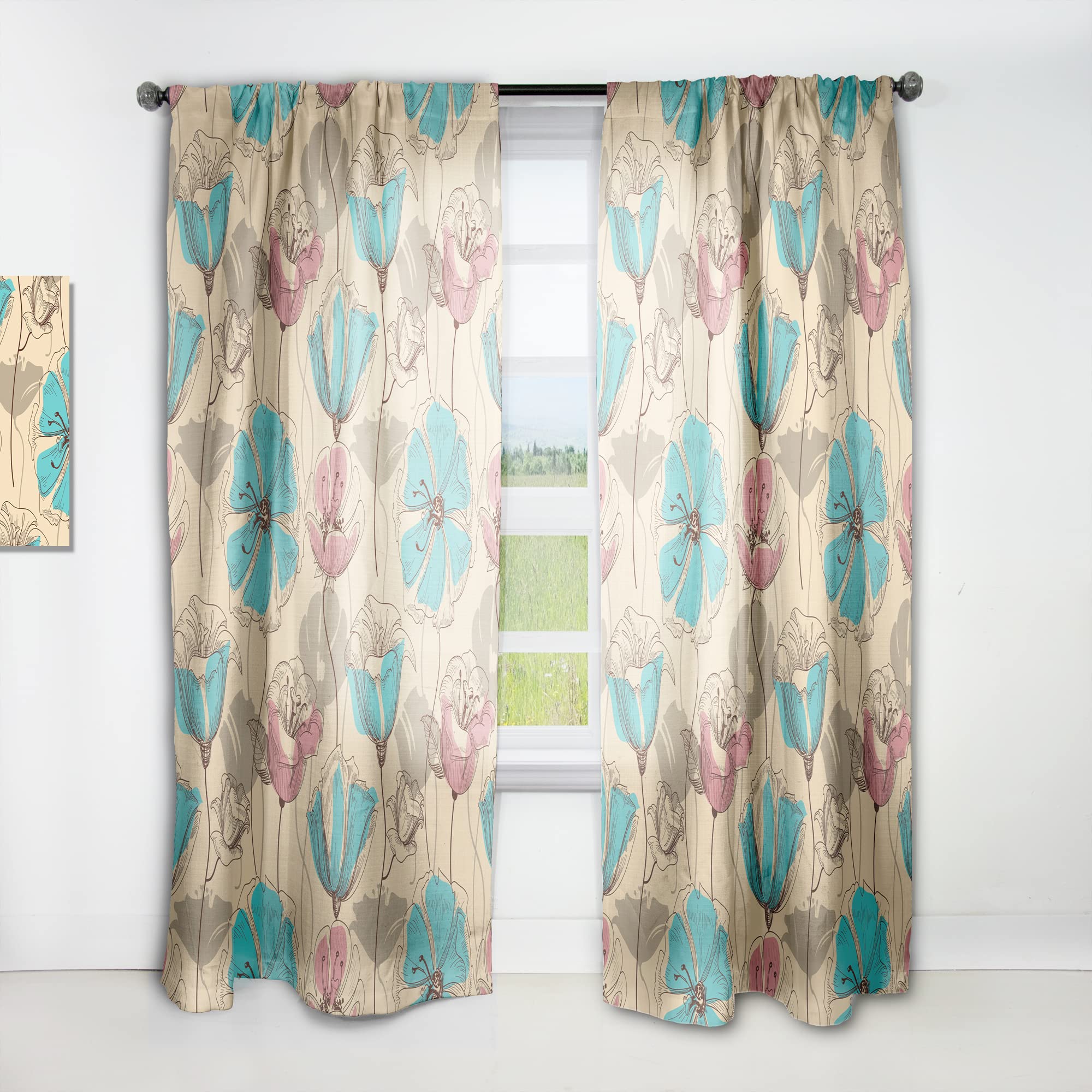 DesignQ Retro Floral Pink & Blue Thermal Insulated Curtains - Single Panel 52x108 - Elegant Drapes for Bedroom & Living Room | Perfect for Vintage Decor & Light Control