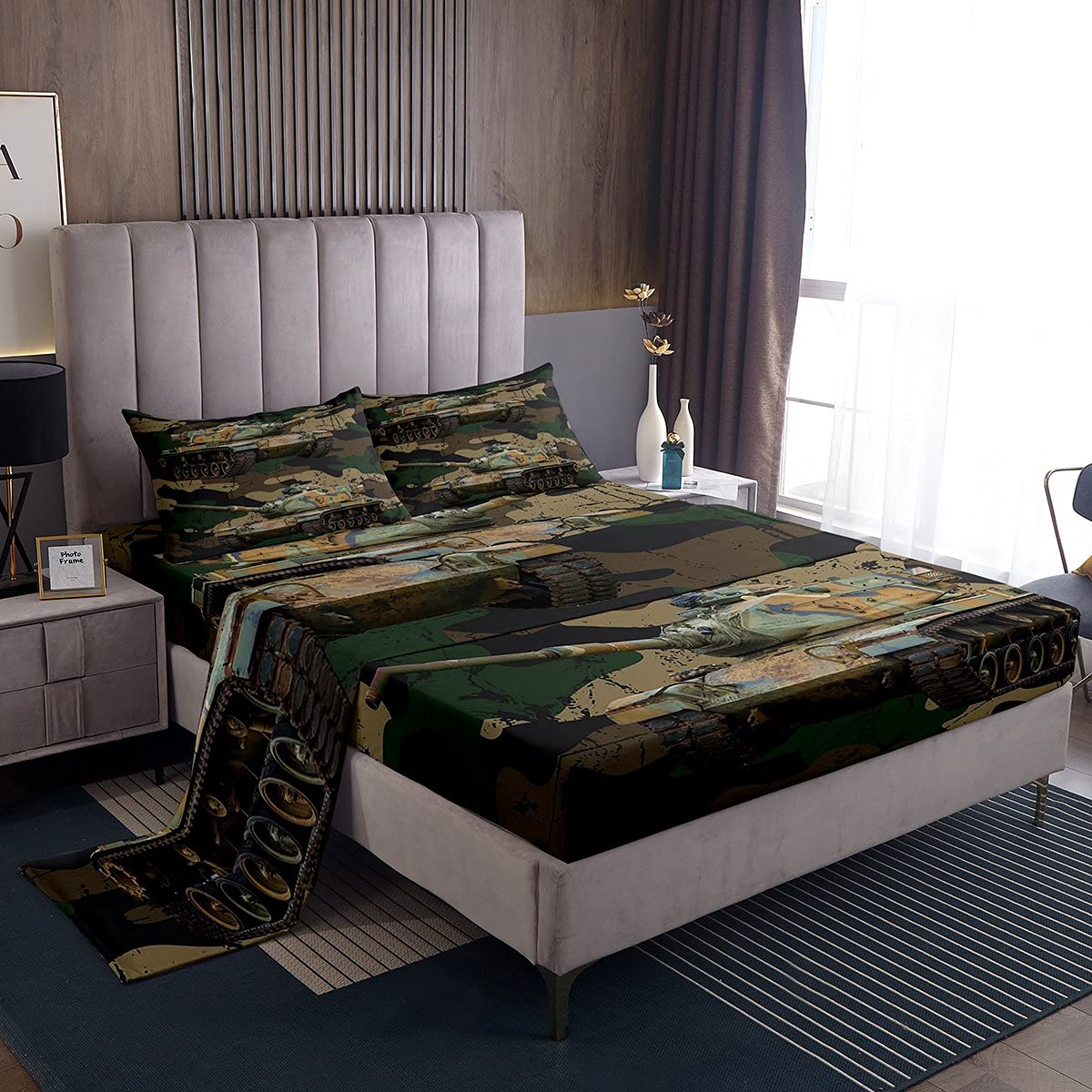 Boys Military Camouflage Tank Cannon Bed Sheet Set - Full Size Kids Bedding with 1 Fitted Sheet, 1 Flat Sheet & 2 Pillowcases - Vintage Retro Camo Style for Children's Room Decor | Perfect for Boys' Bedrooms, Themed Sleepovers, and Military Vehicle Enthusiasts