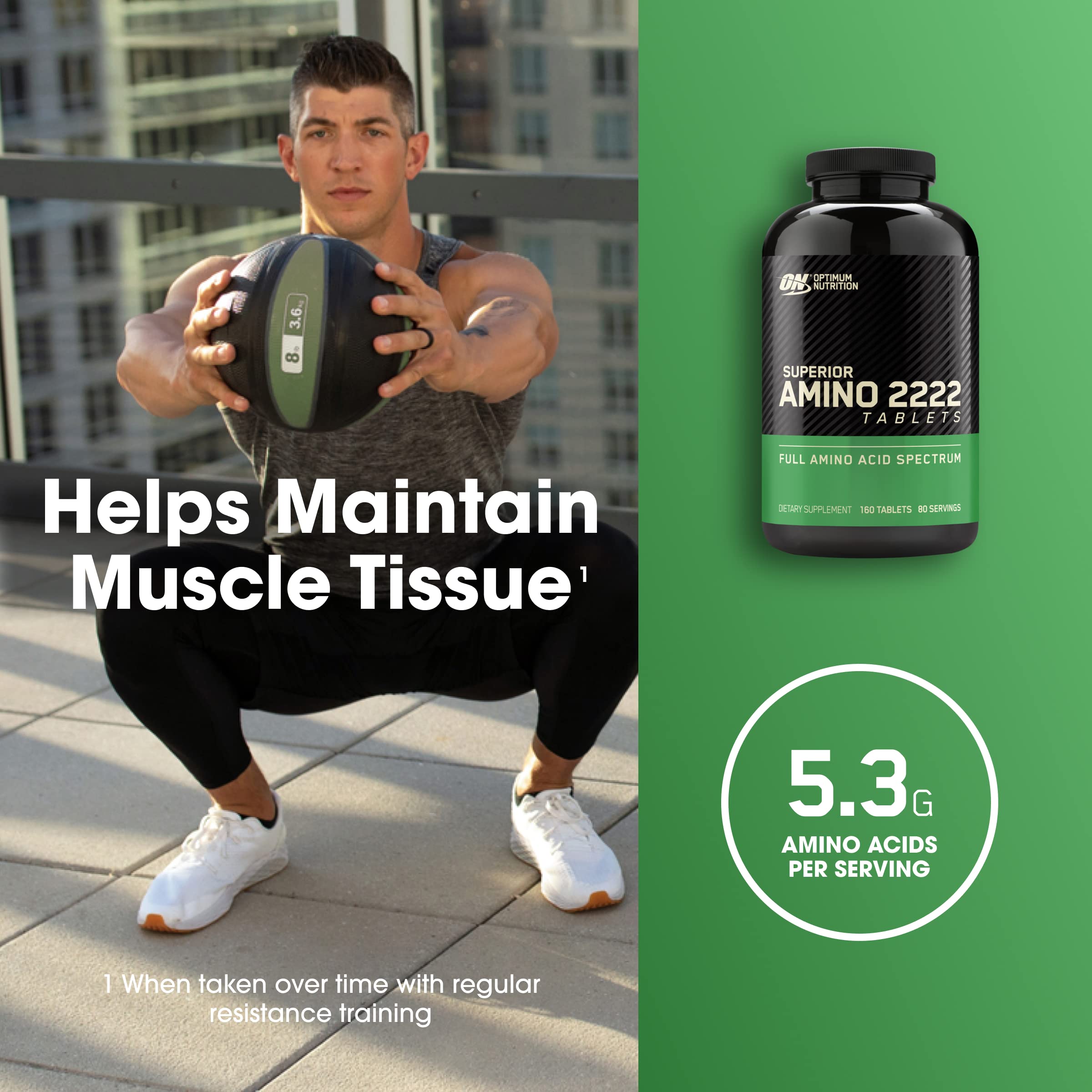 Optimum Nutrition Superior Amino 2222 Tablets - Complete Essential Amino Acids (EAAs) Supplement - 160 Count - Supports Muscle Recovery & Workout Performance