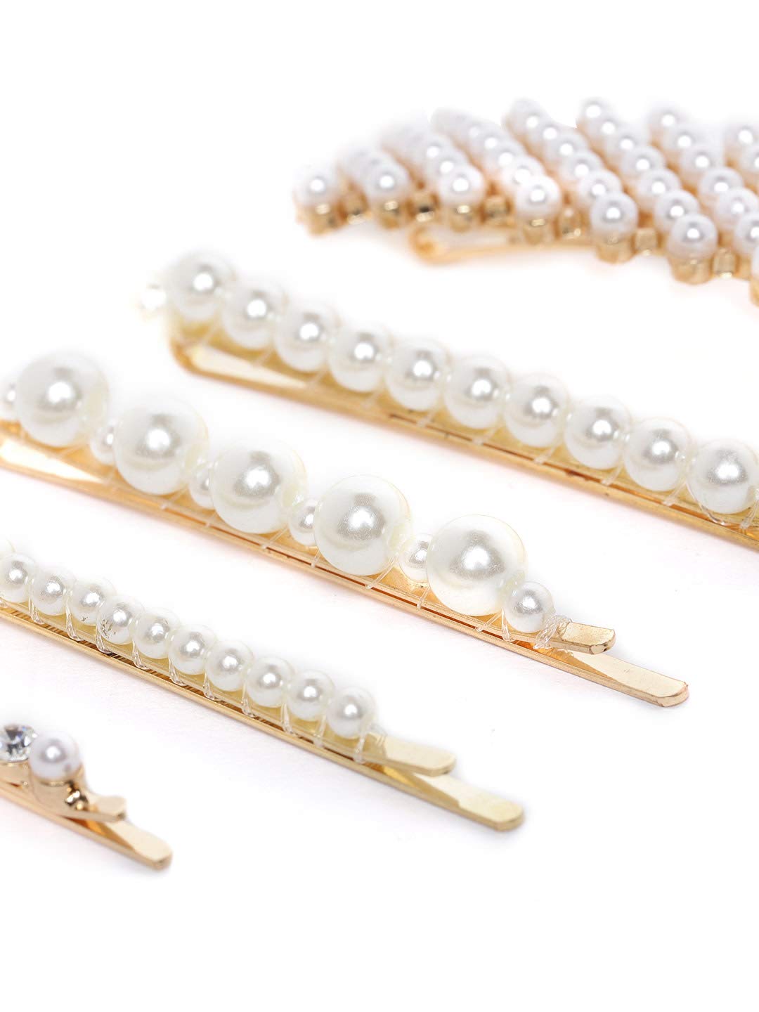 Priyaasi Gold and White Pearl Hair Clips for Women - Elegant Metal Hair Pins Set of 5 - Perfect for Weddings, Parties, and Everyday Styling