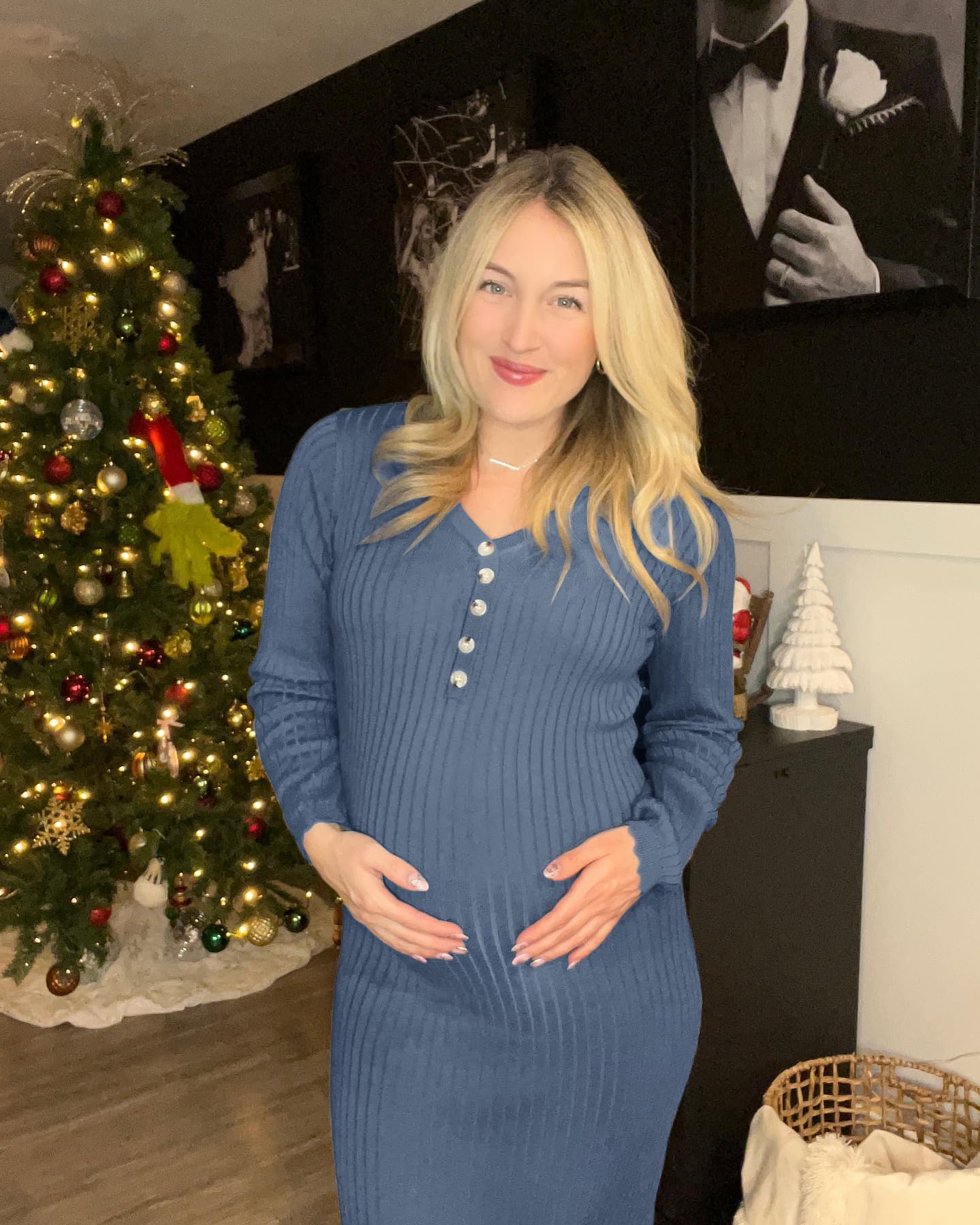 OUGES Women's Wool Blend Maternity Sweater Dress - 2024 Fall V-Neck Long Sleeve Slim Fit Ribbed Knit Midi Bodycon Dress for Pregnancy & Nursing | Perfect for Office, Date Night & Maternity Photos