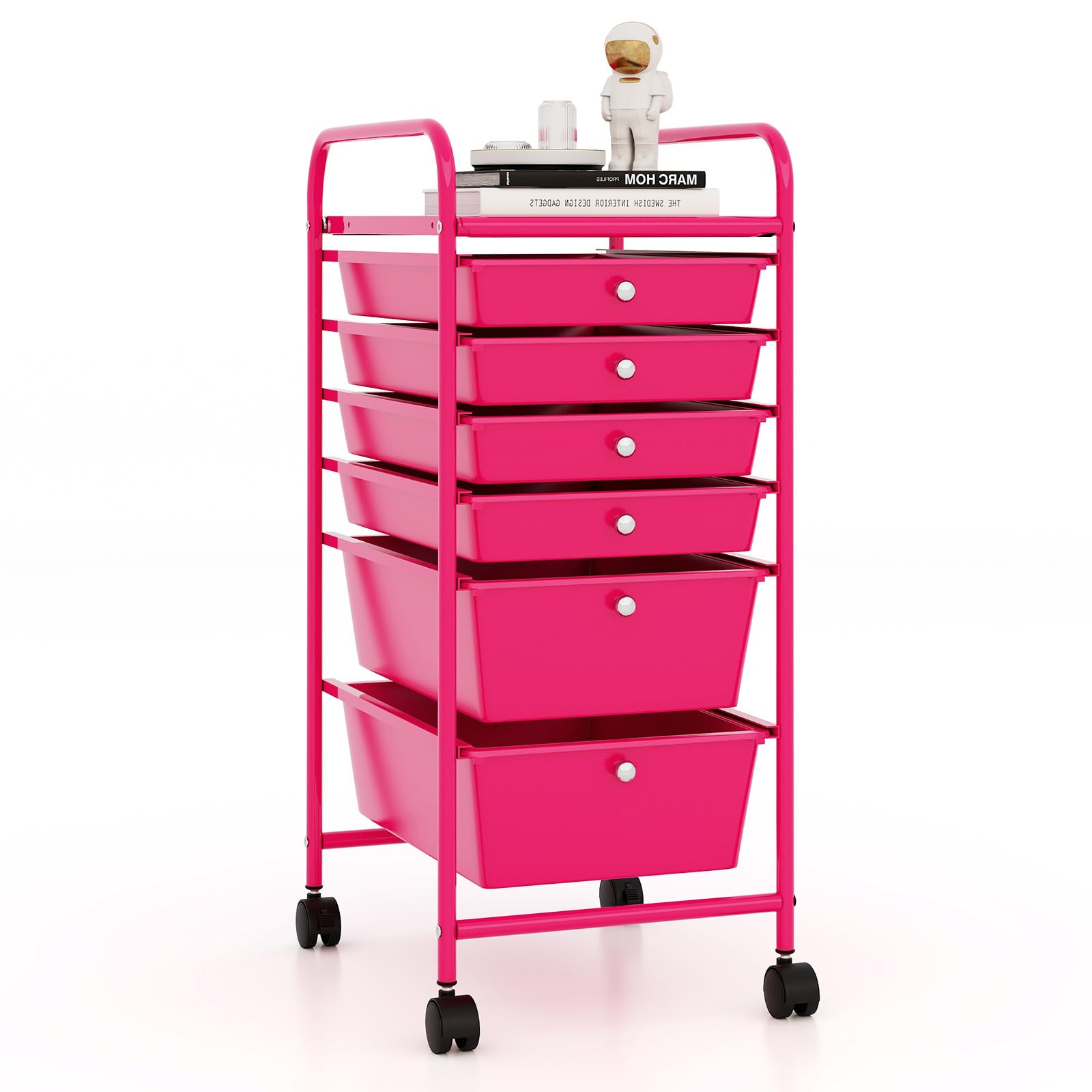 RELAX4LIFE 6-Drawer Rolling Storage Cart with Removable Plastic Bins - Mobile Organizer for Classroom, Home Office & Craft Supplies | Portable Utility Cart for School, Art Projects & Office Organization (Pink)