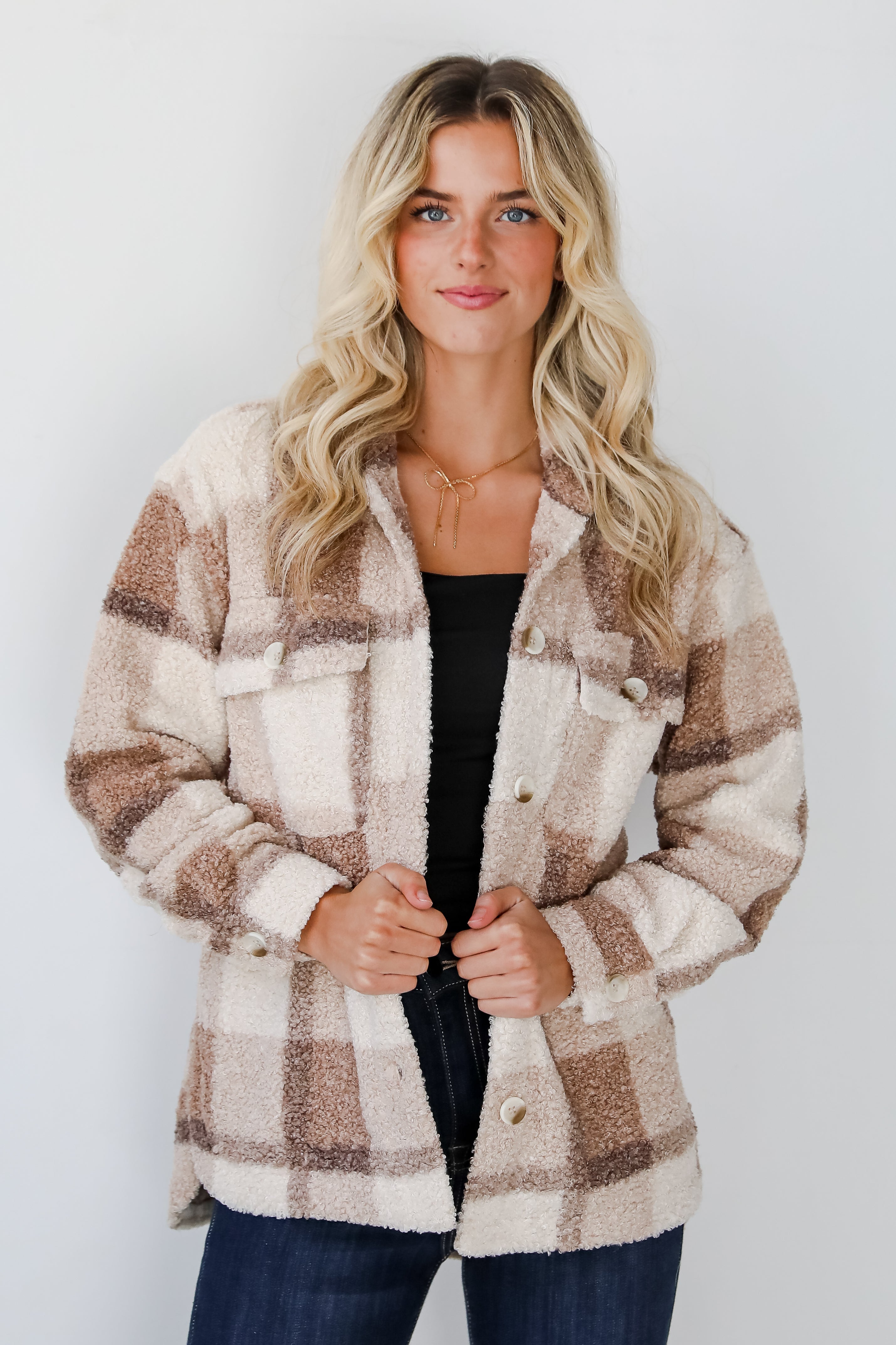 Cozy Plaid Teddy Shacket for Women - Soft Fleece Overshirt Jacket - Perfect for Fall & Winter Layering, Casual Outfits, and Outdoor Activities