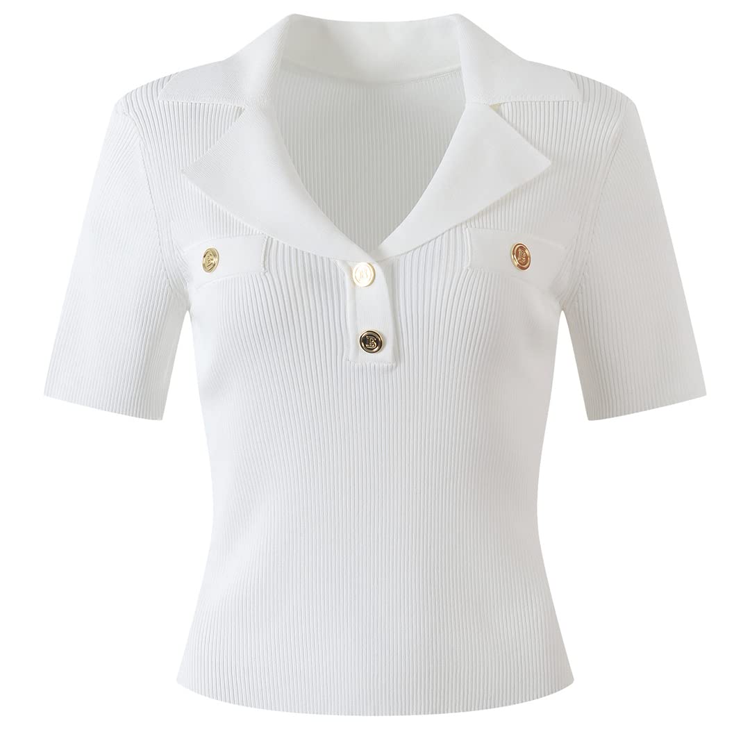 Women's Summer Casual Short Sleeve Knit Sweater with Gold Buttons - White Pullover for Beach Outings, Office Wear & Date Nights
