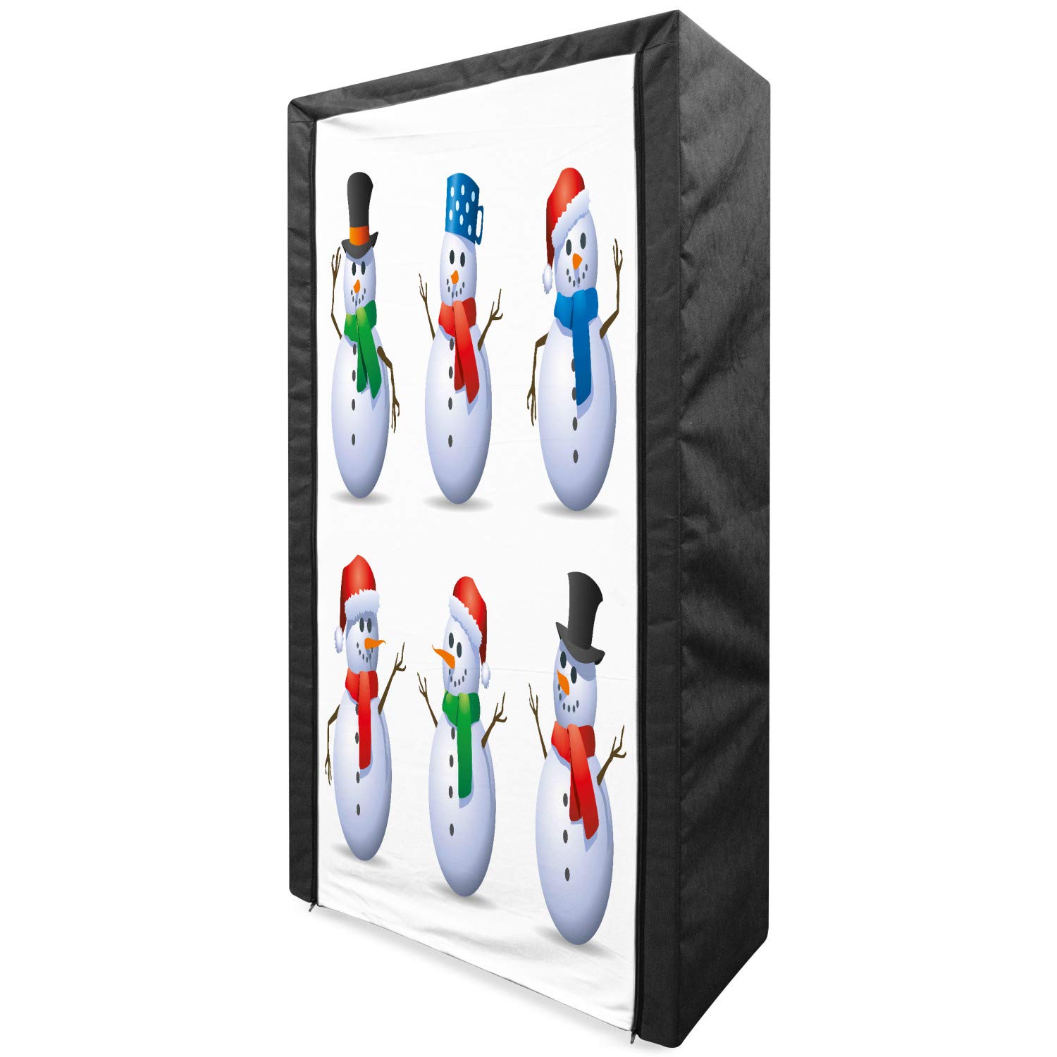 Ambesonne Christmas Portable Fabric Wardrobe - Snowmen with Hats & Scarves Carrot Noses Holiday Organizer, 33.5 Inch Multicolor Storage Closet with Shelves for Seasonal Clothing | Perfect for Bedroom, Guest Room & Holiday Decor