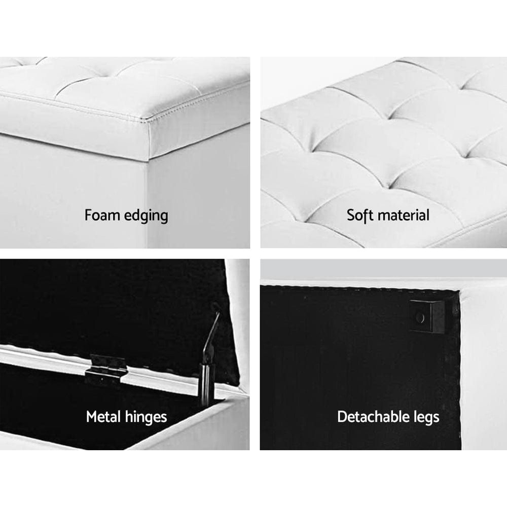 Artiss 97cm White Leather Storage Ottoman - Blanket Box with Lift Top Lid for Living Room, Bedroom & Home Organization