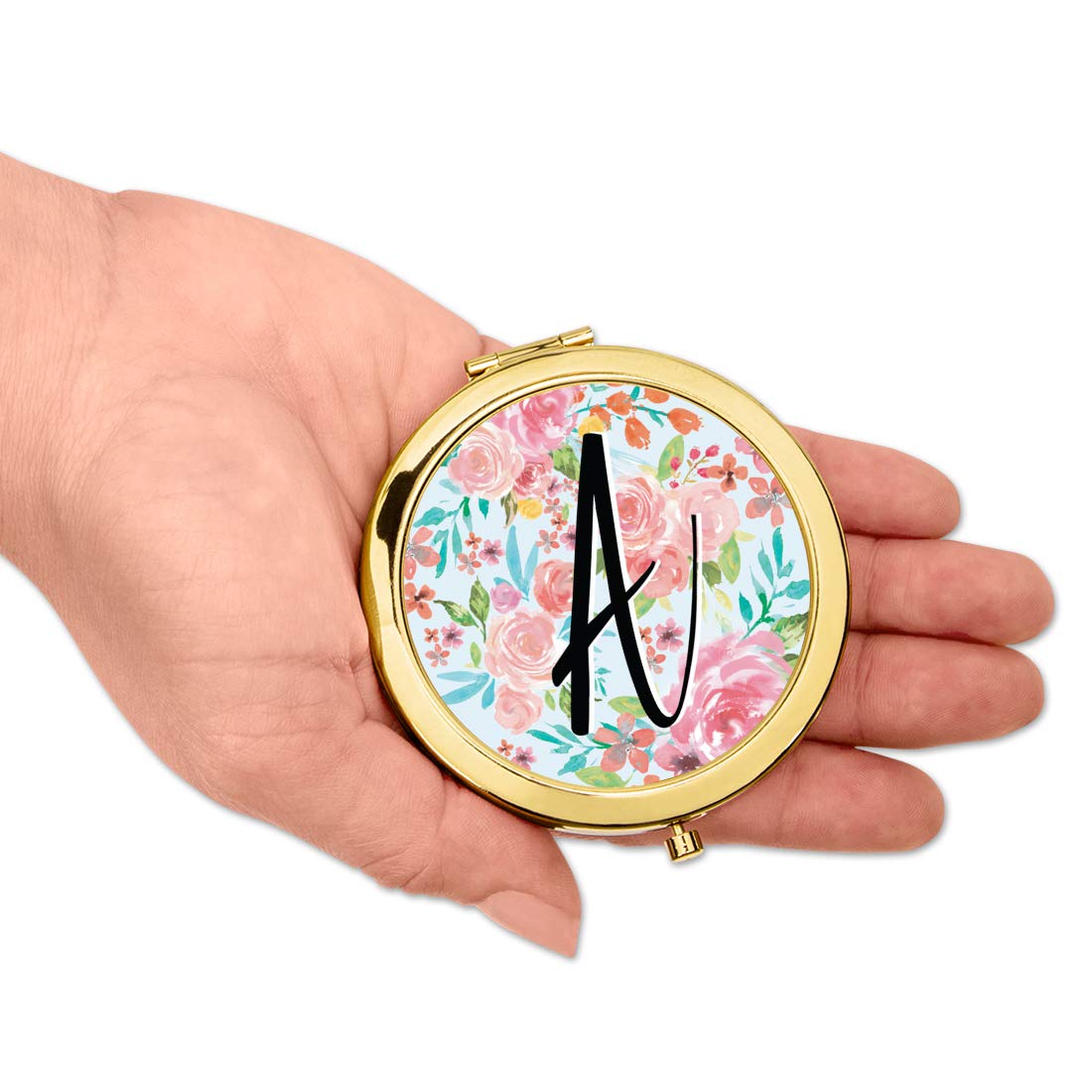 Personalized Monogram Compact Mirror - Gold Letter A with Pink Floral Design - Perfect Bridesmaid Gift for Weddings, Bridal Showers & Bachelorette Parties - Elegant Tea Party Accessory - 1 Pack