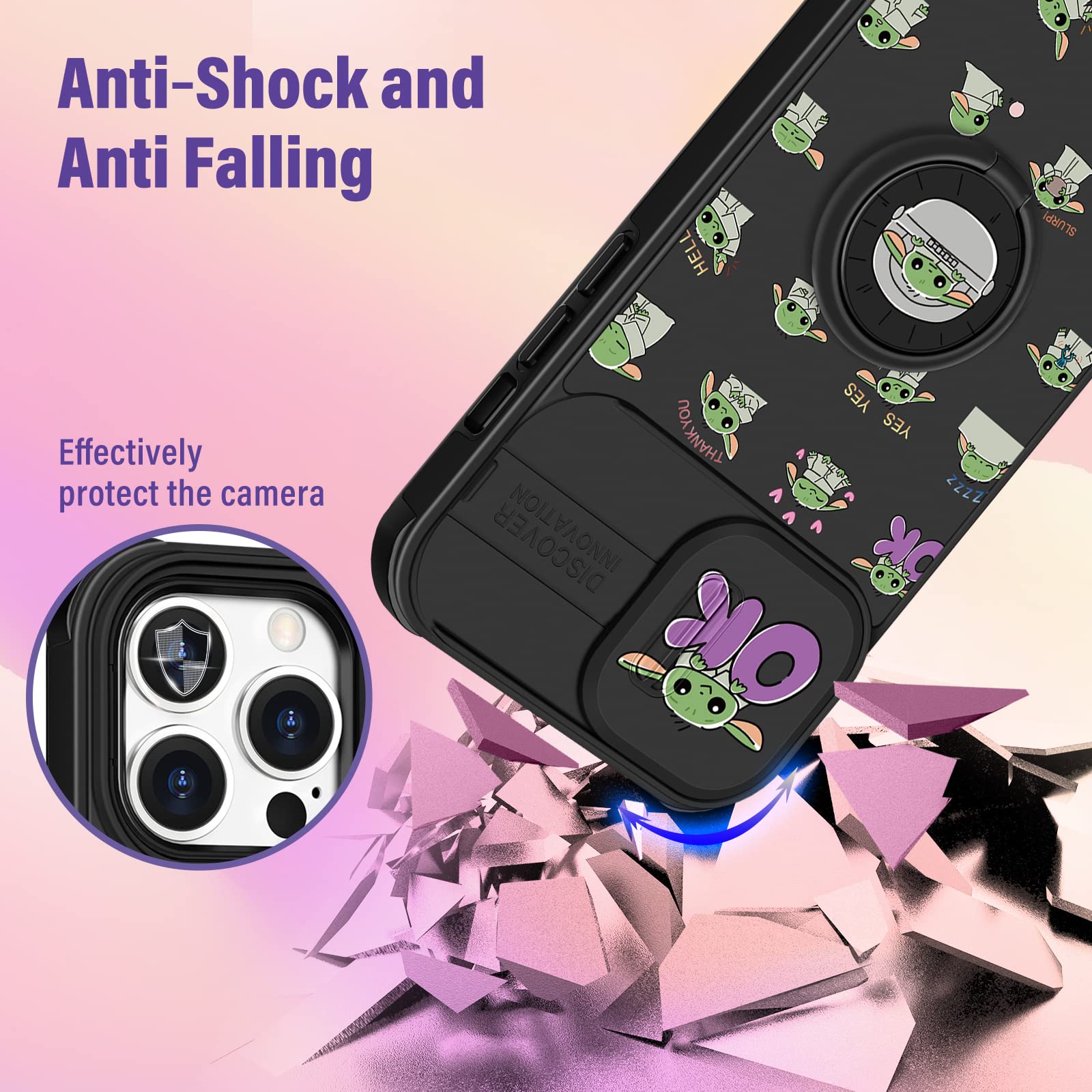 Qerrassa iPhone 15 Pro Max Case - Cute Cartoon Design, Shockproof Protective Cover with Camera Cover & Ring Holder for Apple iPhone 15 Pro Max 6.7