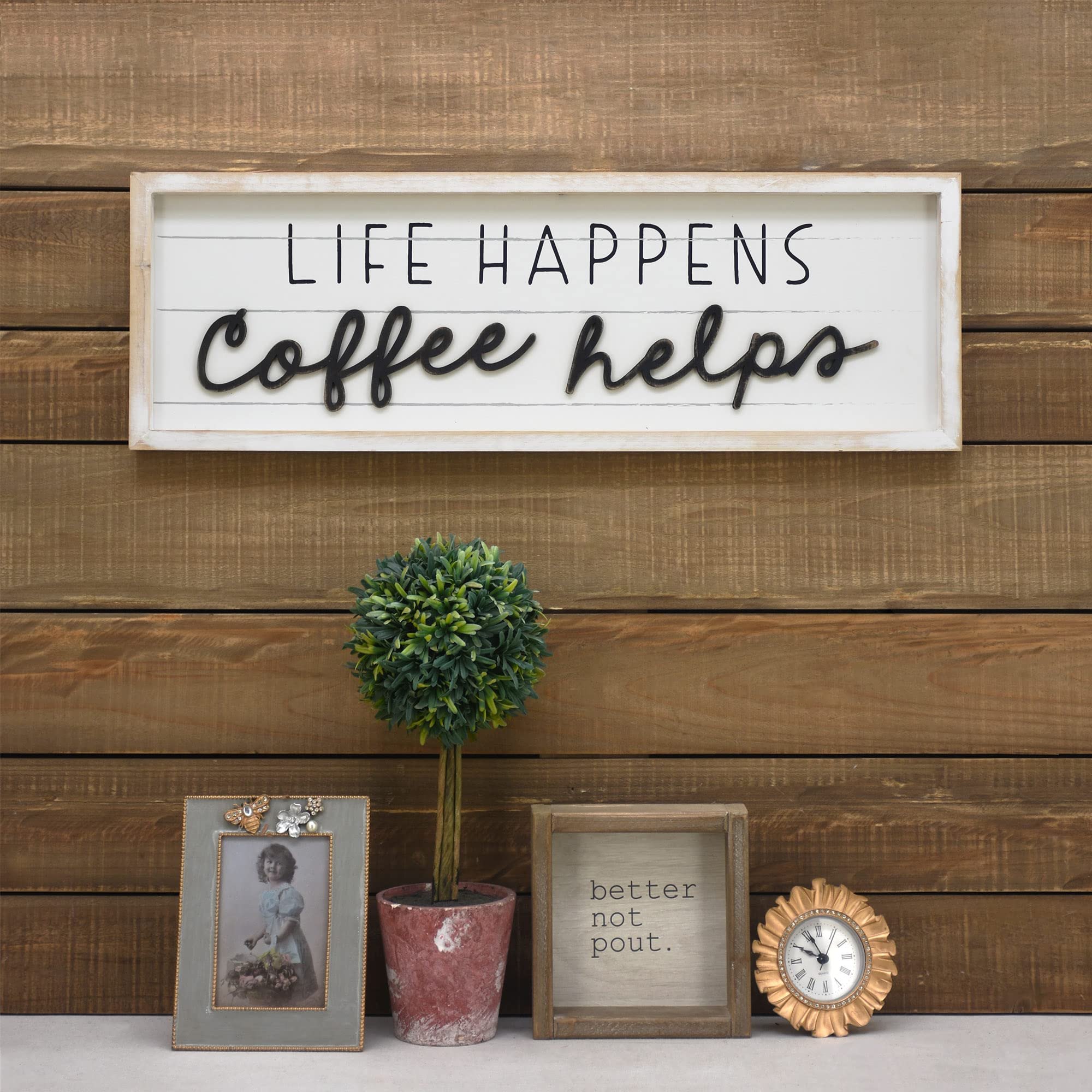 PARISLOFT Life Happens Coffee Helps Wooden Framed Wall Art - 23.6''W x 7.8''H Farmhouse Kitchen Decor, Coffee Bar Sign, Rustic Home Hanging Decoration - Perfect for Coffee Shops, Cafes, Kitchens & Living Rooms