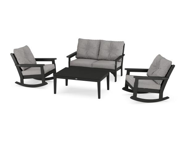 Polywood Black Vineyard 4-Piece Deep Seating Rocking Chair Set - Outdoor Patio Furniture for Garden, Porch & Backyard Relaxation