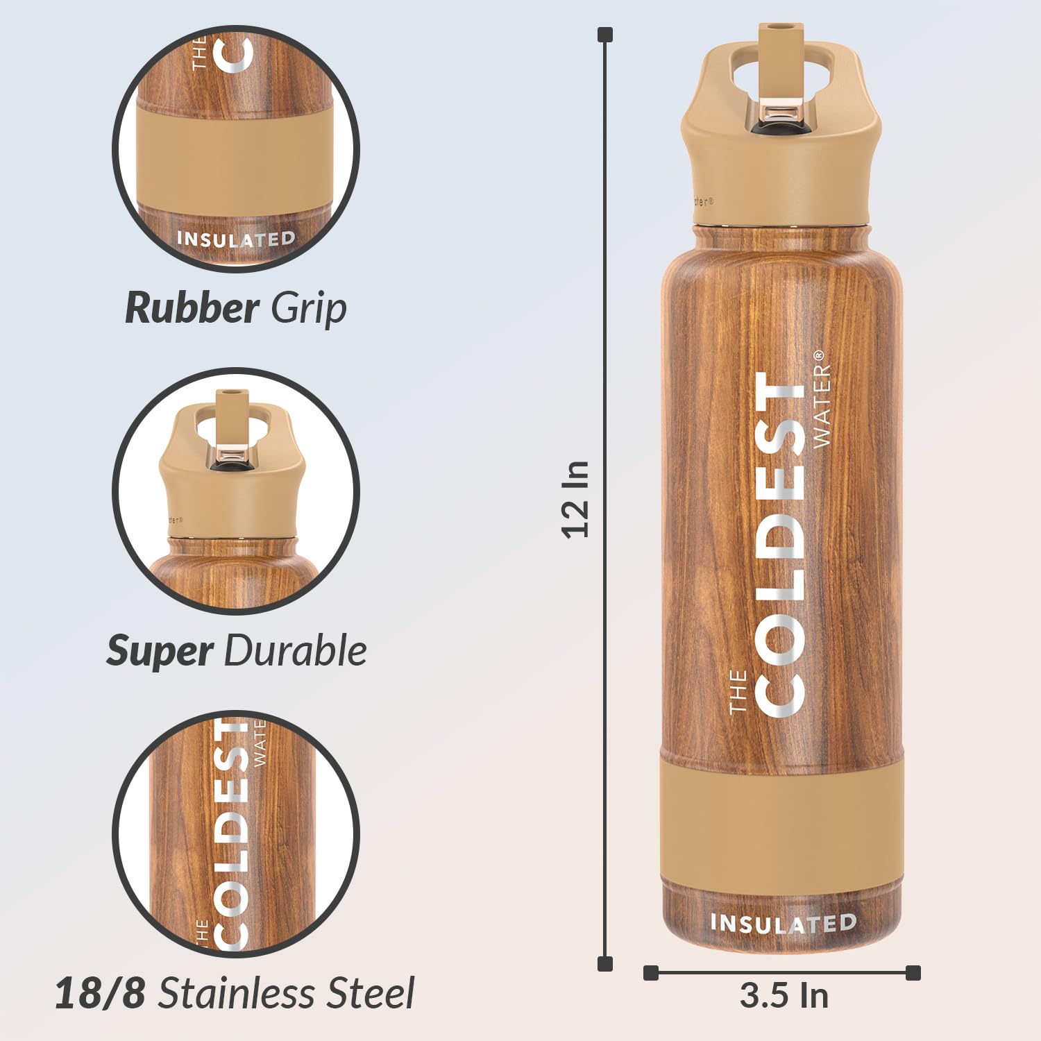 Coldest Sports Water Bottle with Straw Lid - 40oz Vacuum Insulated Stainless Steel Thermos - Leak Proof, Reusable Metal Flask for Gym, Hiking & Outdoor Activities (Executive Wood Finish)