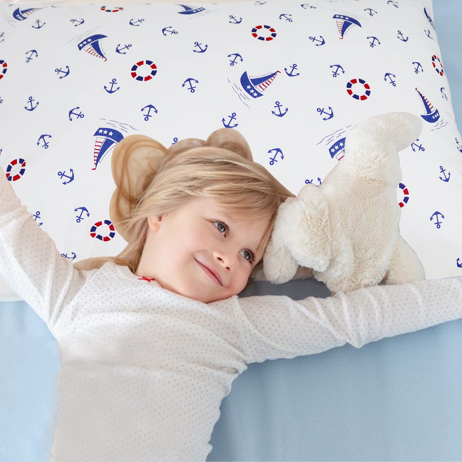 Nautical Anchors Sailboat Pillow Cases - 2 Pack Soft Cotton Breathable Toddler Pillow Covers with Envelope Closure, Standard 20x30 Inch Pillow Shams for Kids Bedding, Travel & Home Decor | Perfect for Nursery, Boat Trips and Coastal Themed Rooms