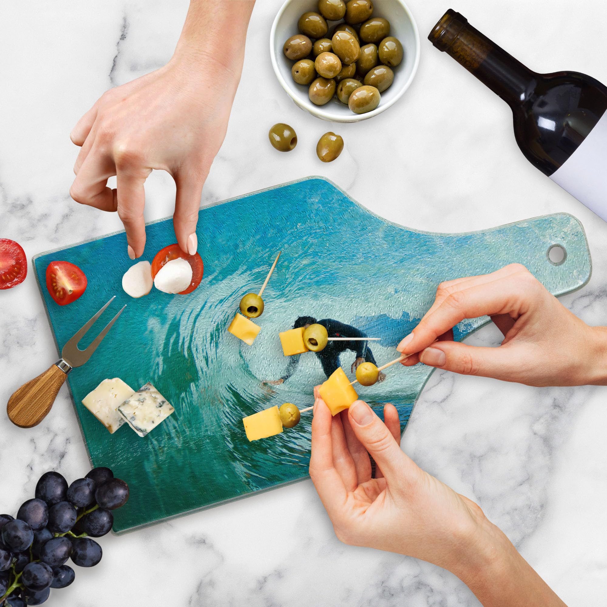 Ambesonne Ride The Wave Tempered Glass Cutting Board - Ocean Wave Surfer Adventure Design - Sky Blue & White Wine Bottle Shaped Serving Board for Kitchen & Entertaining - Perfect for Beach House Decor, Party Serving & Gift Giving
