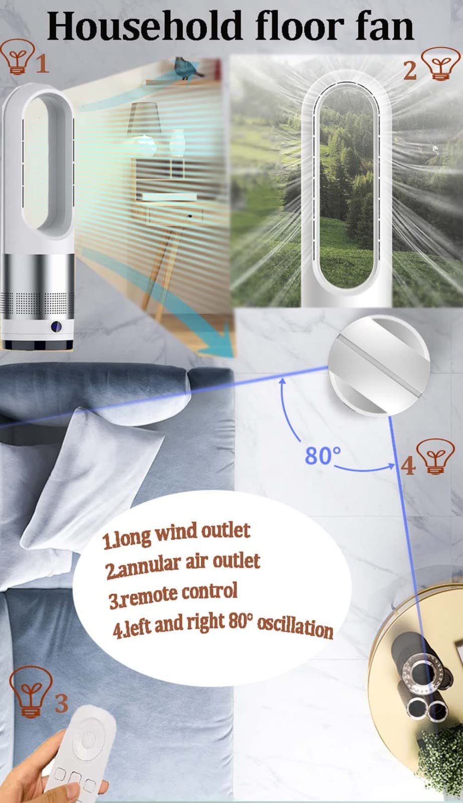 Bladeless Tower Fan with Remote Control - 8 Speed Settings, LED Display, 8H Timer & 80° Oscillation - Quiet Cooling Fan for Bedroom, Office, Living Room - Easy Clean Grey Floor/Table Fan (Ideal for Summer, Home, Workspace & Nursery)