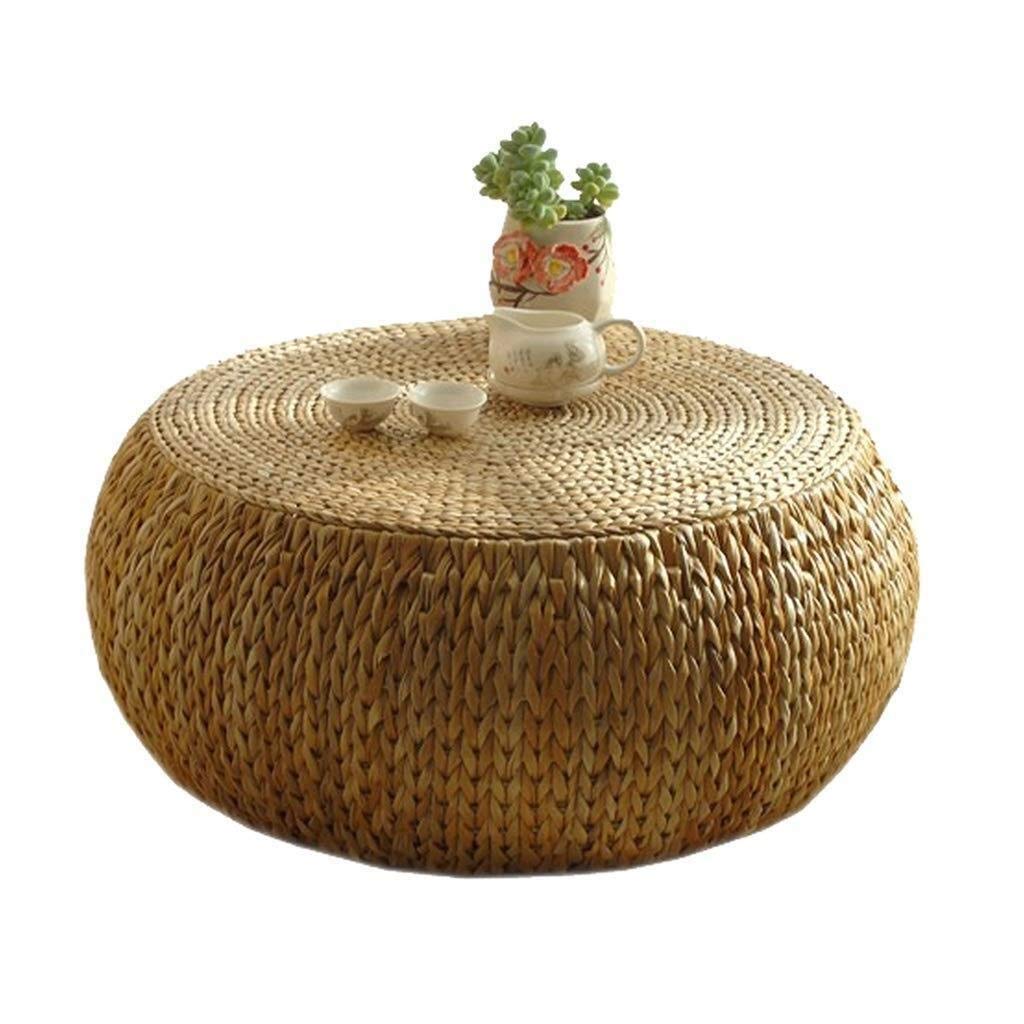 Stylish NJYT Round Rattan Coffee Table - Bamboo Side Table for Living Room, Balcony, or Office (Khaki, 60x60x25cm) - Perfect for Tea, Computer, or Decorative Use