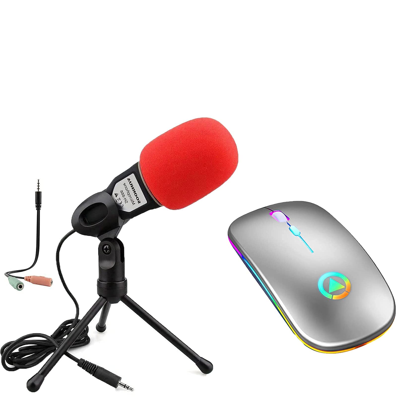 SOONHUA Condenser Microphone with 3.5MM Plug & Play for PC/Laptop/Streaming + Ultra-Thin 2.4GHz Wireless LED Mouse for Computer/Office/Gaming - Perfect for Home Office, Online Classes & Content Creation