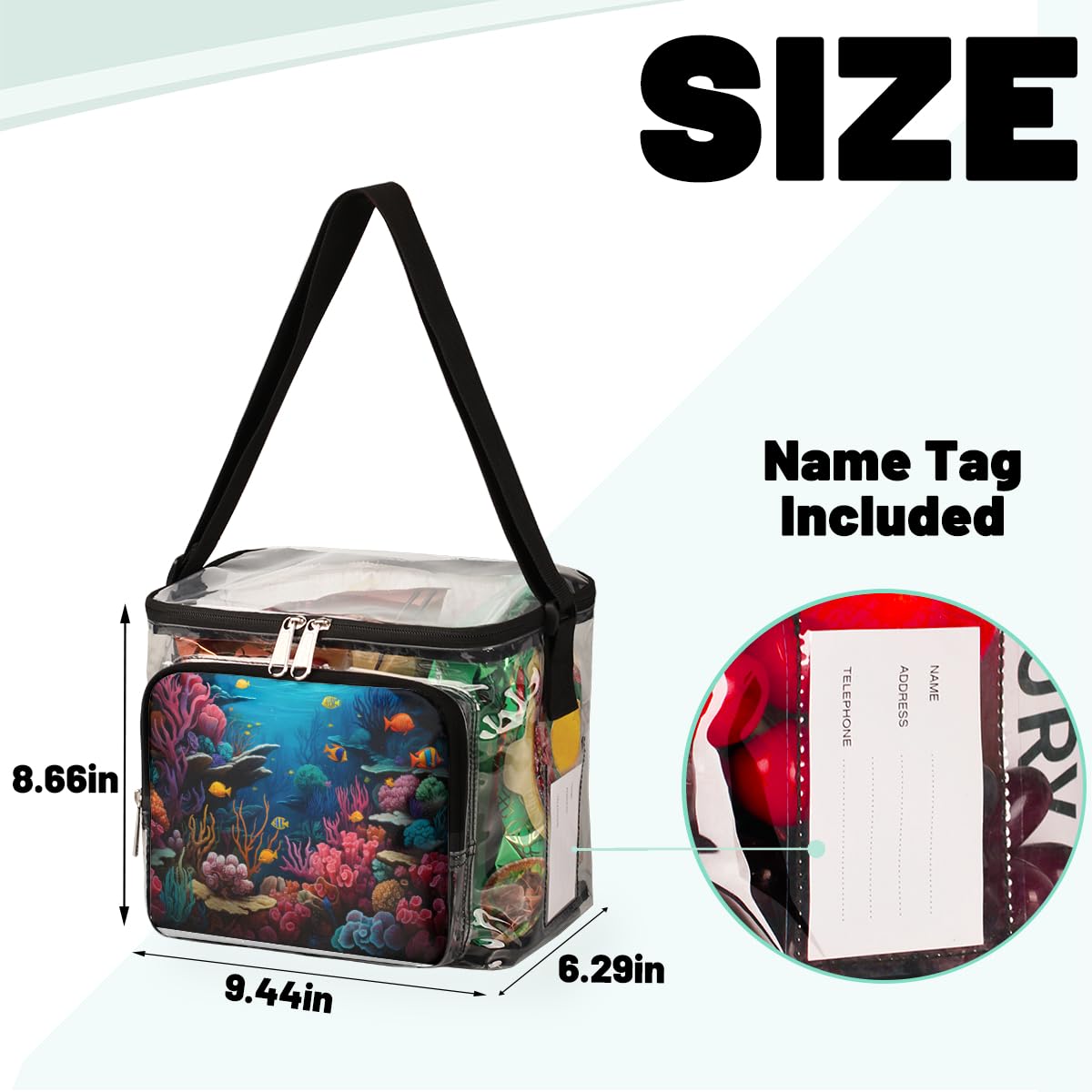 GzLeyigou Clear Transparent Tote Bag with Handles - Underwater Coral Fish Design - Crossbody Shoulder Bag for Lunch, Beach, Travel, Picnic, Concerts & Sports Events - Stadium Approved Clear Purse for Outdoor Activities & Theme Parties