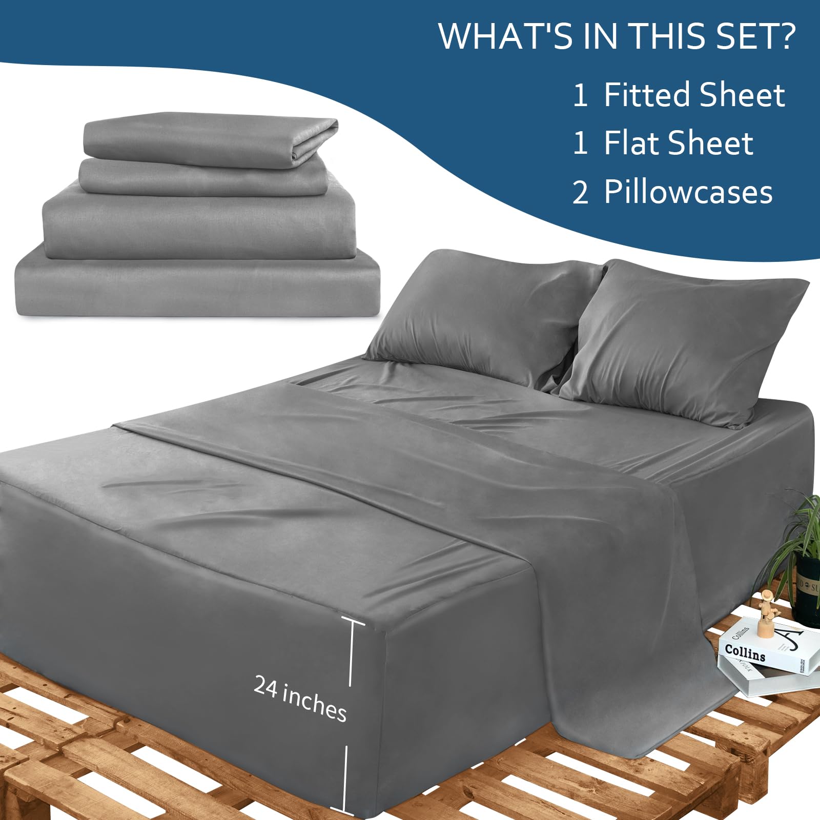 **Deep Pocket Twin Sheets Set for Kids Air Mattress - 4-Piece Fade-Resistant Bedding Set Fits 16-24 Inch Pillow Top Mattress (Grey) - Perfect for Sleepovers, Travel & Kids' Rooms**