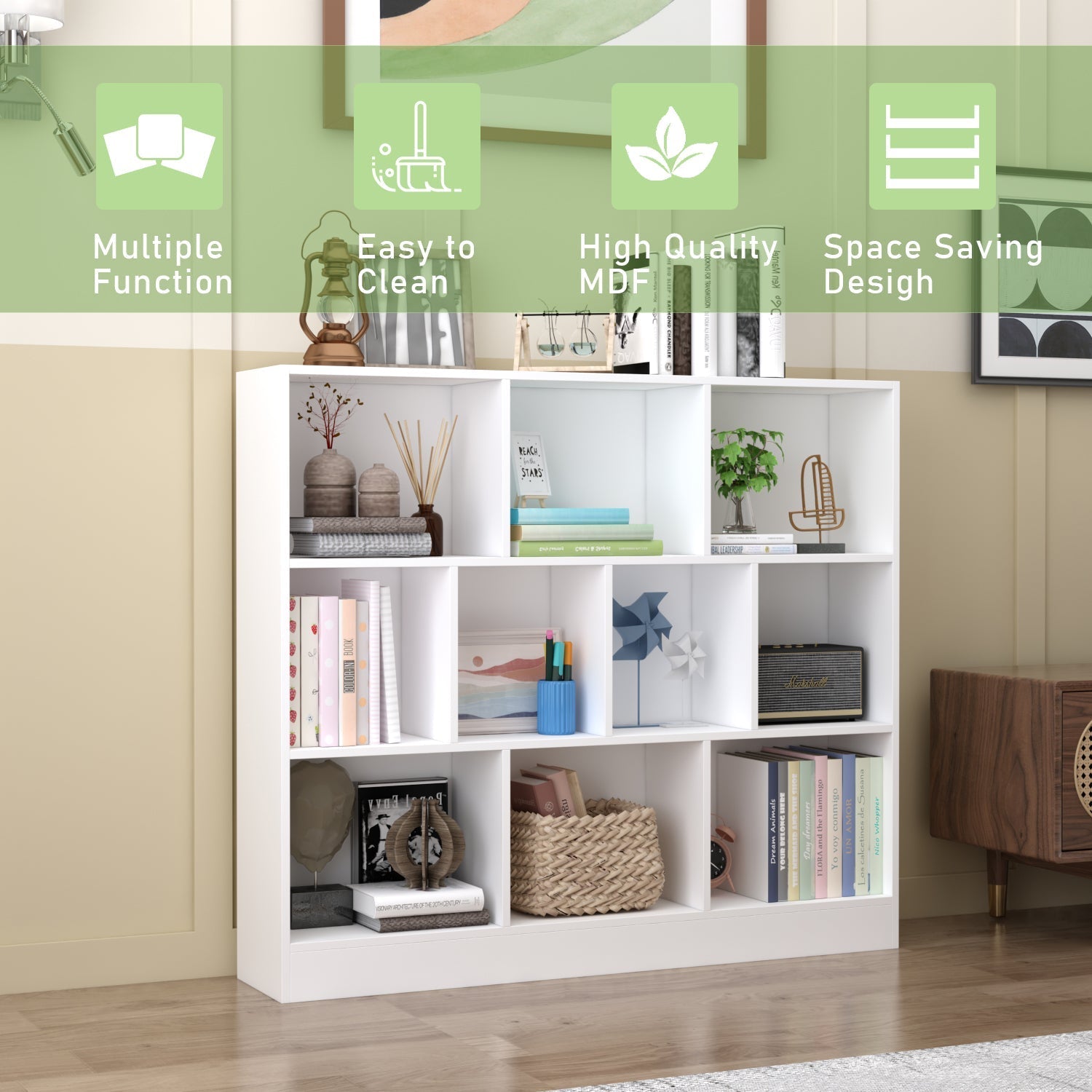 Modern Entryway Cabinet with 3-Tier Shelves - Wide Storage Bookcase for Kids with Multiple Cubbies - Perfect for Organizing Toys, Books & Shoes in Living Room, Nursery or Playroom