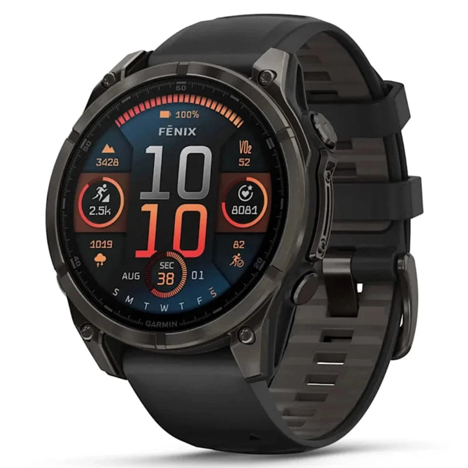 Garmin Fenix 8 Smartwatch 47mm AMOLED Display with Sapphire Lens & Carbon Gray DLC Titanium Case - Black/Pebble Gray Silicone Band for Running, Hiking, Swimming & Outdoor Adventures