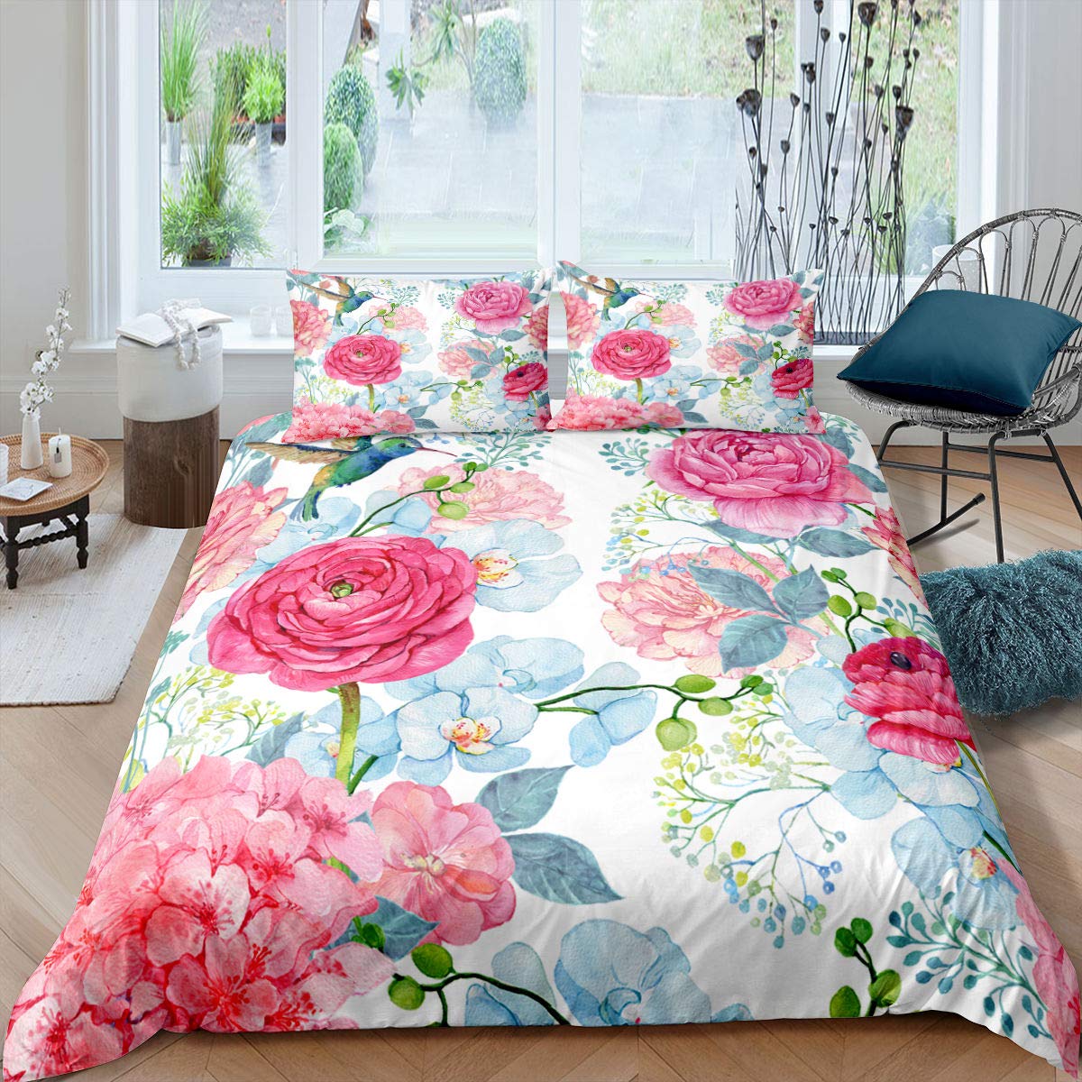 Erosebridal Blooming Flower Comforter Cover Set - Colorful Floral Botanical Duvet with Flying Birds Watercolor Design for Twin Bed | Perfect for Kids, Teens & Adults Bedroom Decor | Soft & Stylish Home Textile for Spring & Summer