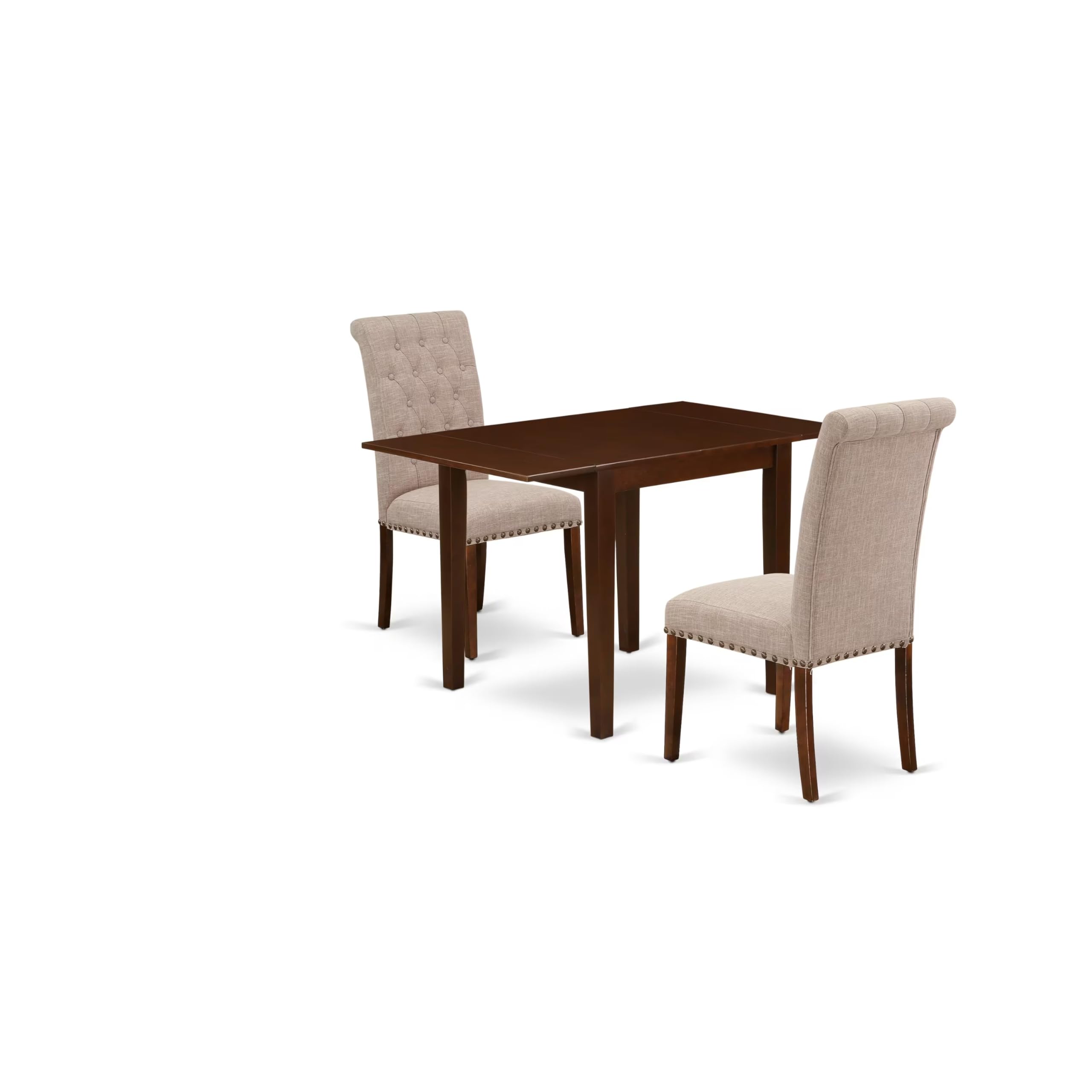 East West Furniture 3-Piece Dining Set with Drop-Leaf Table & 2 Upholstered Chairs - 30x48 Inch Mahogany Finish for Small Spaces, Apartments, Breakfast Nooks & Compact Dining Rooms