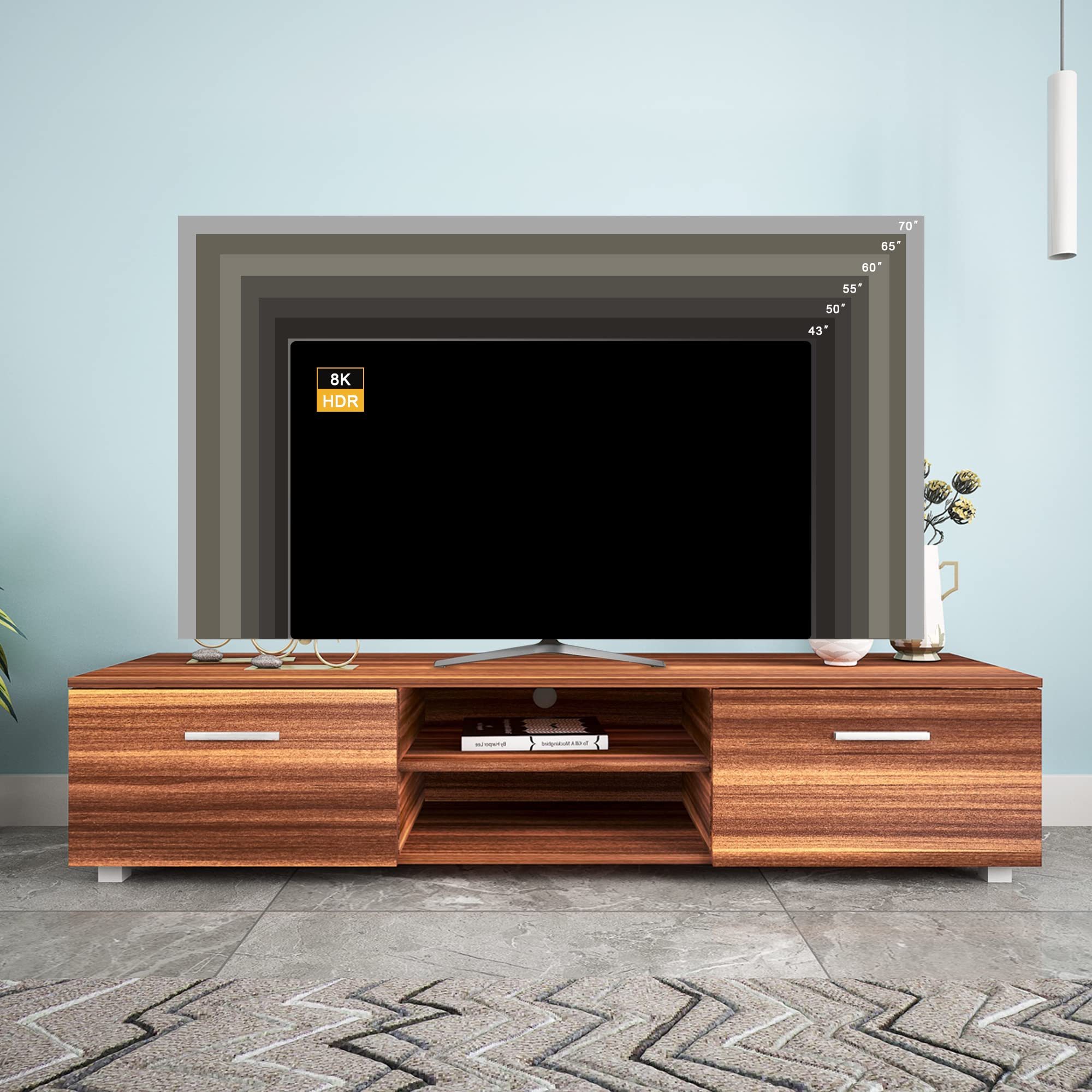 Modern 70 Inch Walnut TV Stand with Storage - High Gloss Entertainment Center for Living Room | Perfect for Home Theater Setup & Media Organization