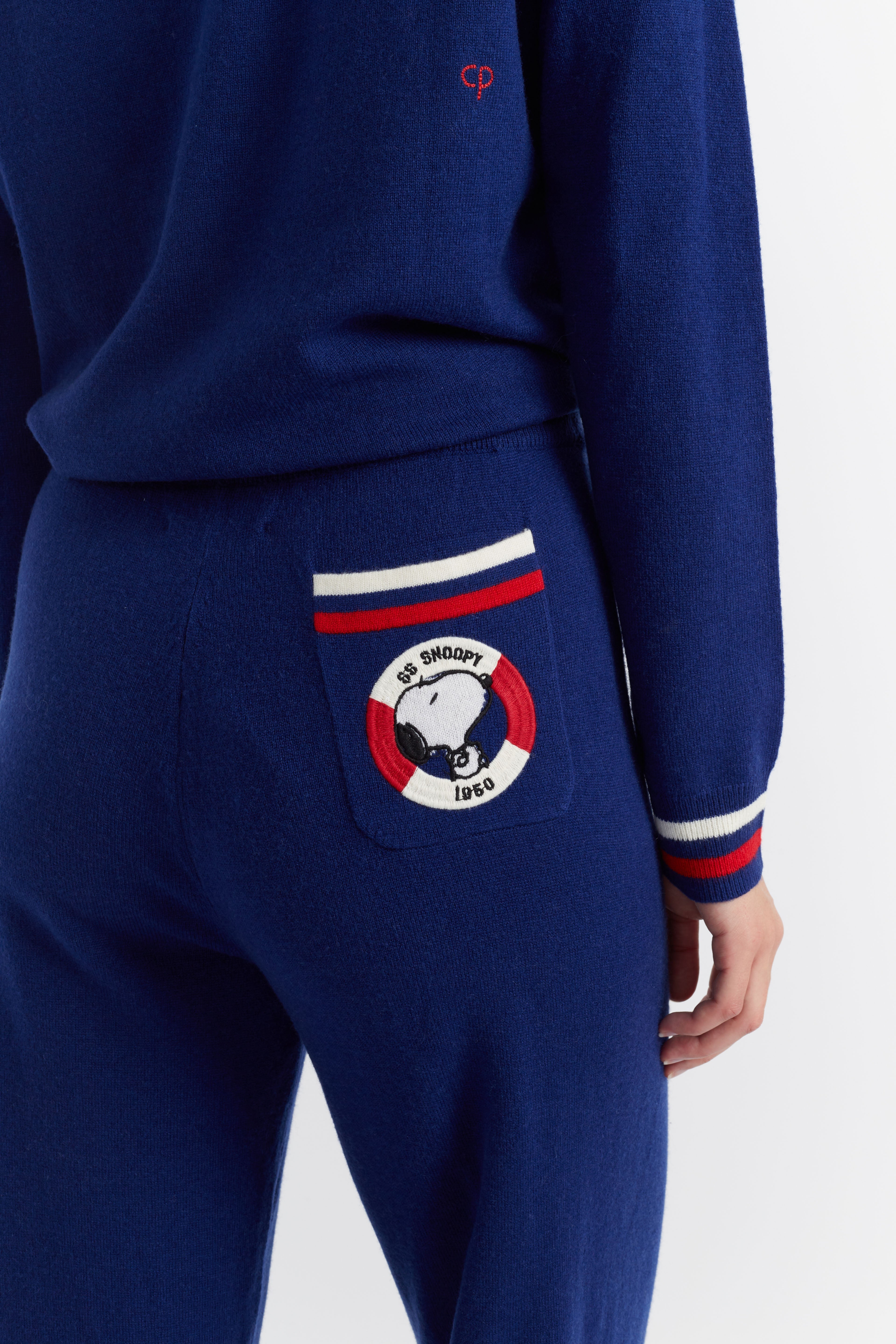 Blue Wool Cashmere Snoopy Nautical Wide Leg Track Pants - Soft Winter Lounge Pants for Women, Cute Cartoon Sleepwear & Casual Outfit - Perfect for Home Relaxation, Sleepovers and Cozy Nights