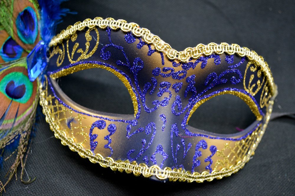 Elegant Blue & Gold Peacock Masquerade Mask for Women - Feather Party Mask for Halloween, Mardi Gras, Costume Balls & Themed Events