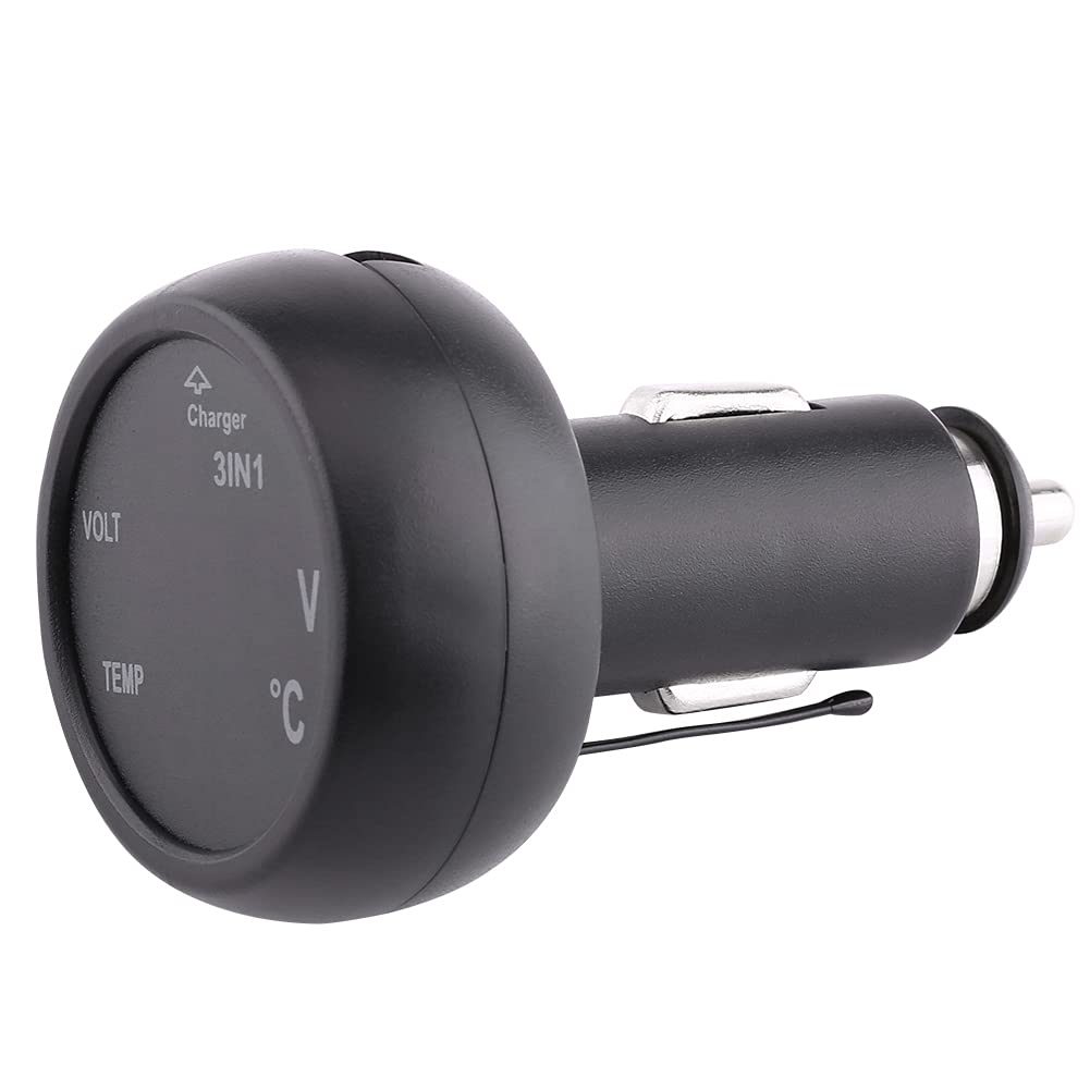 Dual USB Car Charger with LED Digital Voltmeter & Thermometer - 12V/24V Cigarette Lighter Adapter (Green+Red) for Road Trips & Emergency Power Supply