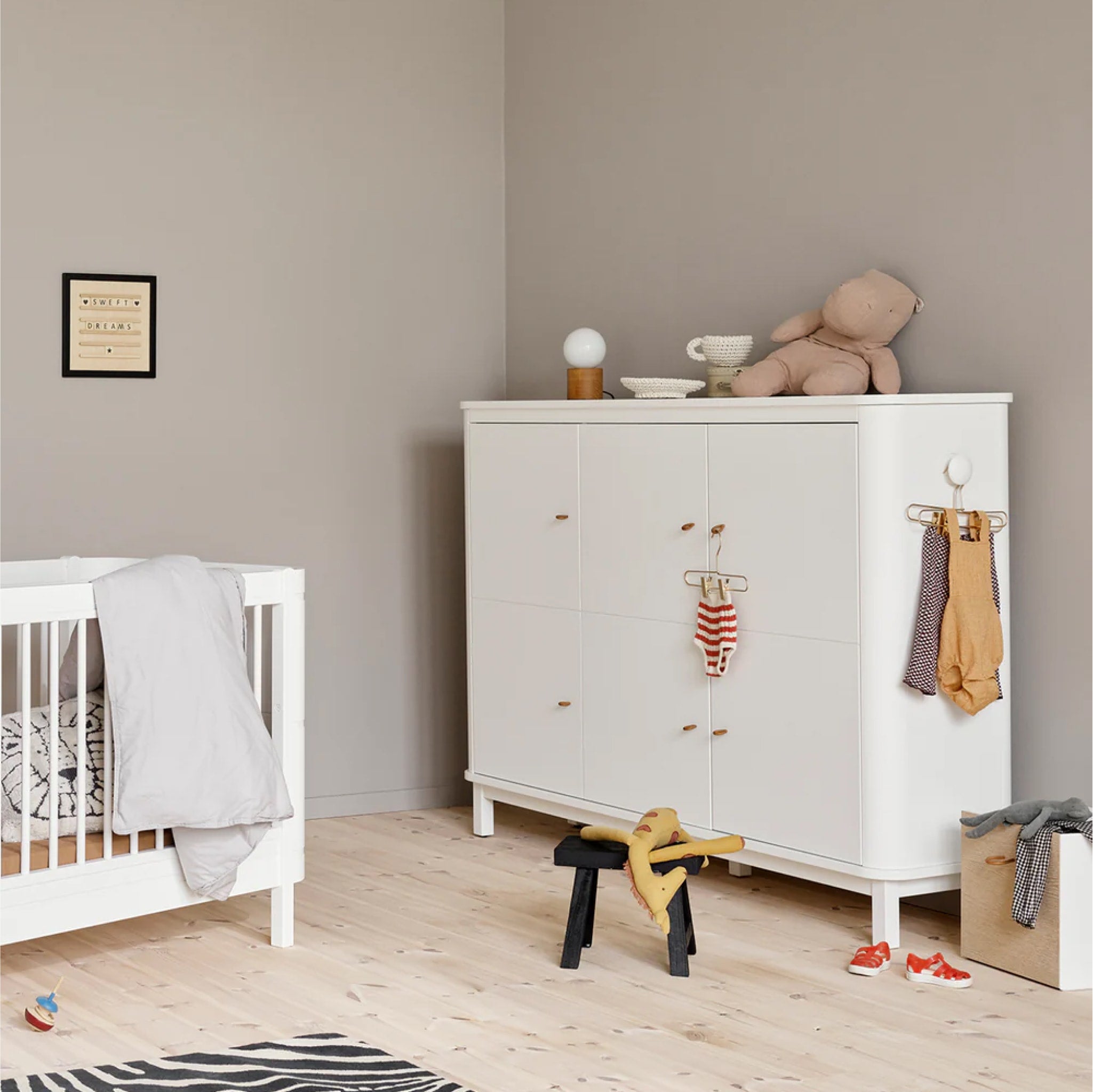 OLIVER FURNITURE White Wooden Storage Chest with 3 Doors - Multi-Purpose Cupboard for Bedroom, Living Room & Entryway Organization