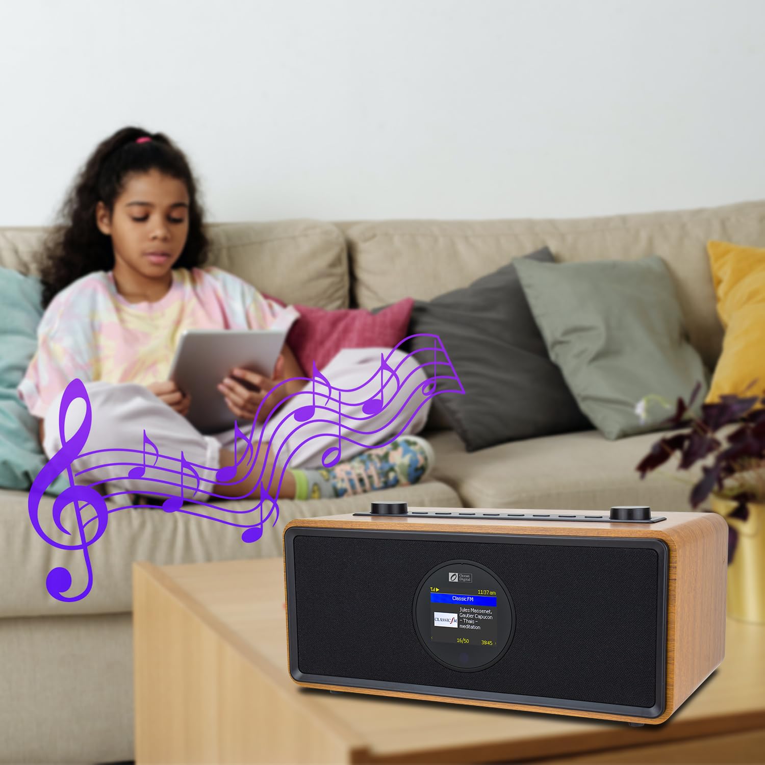 Ocean Digital WR-860 FM/Wi-Fi Internet Radio with Stereo Speakers - Alarm Clock, Sleep Timer, Aux Input & Line Out - 2.4