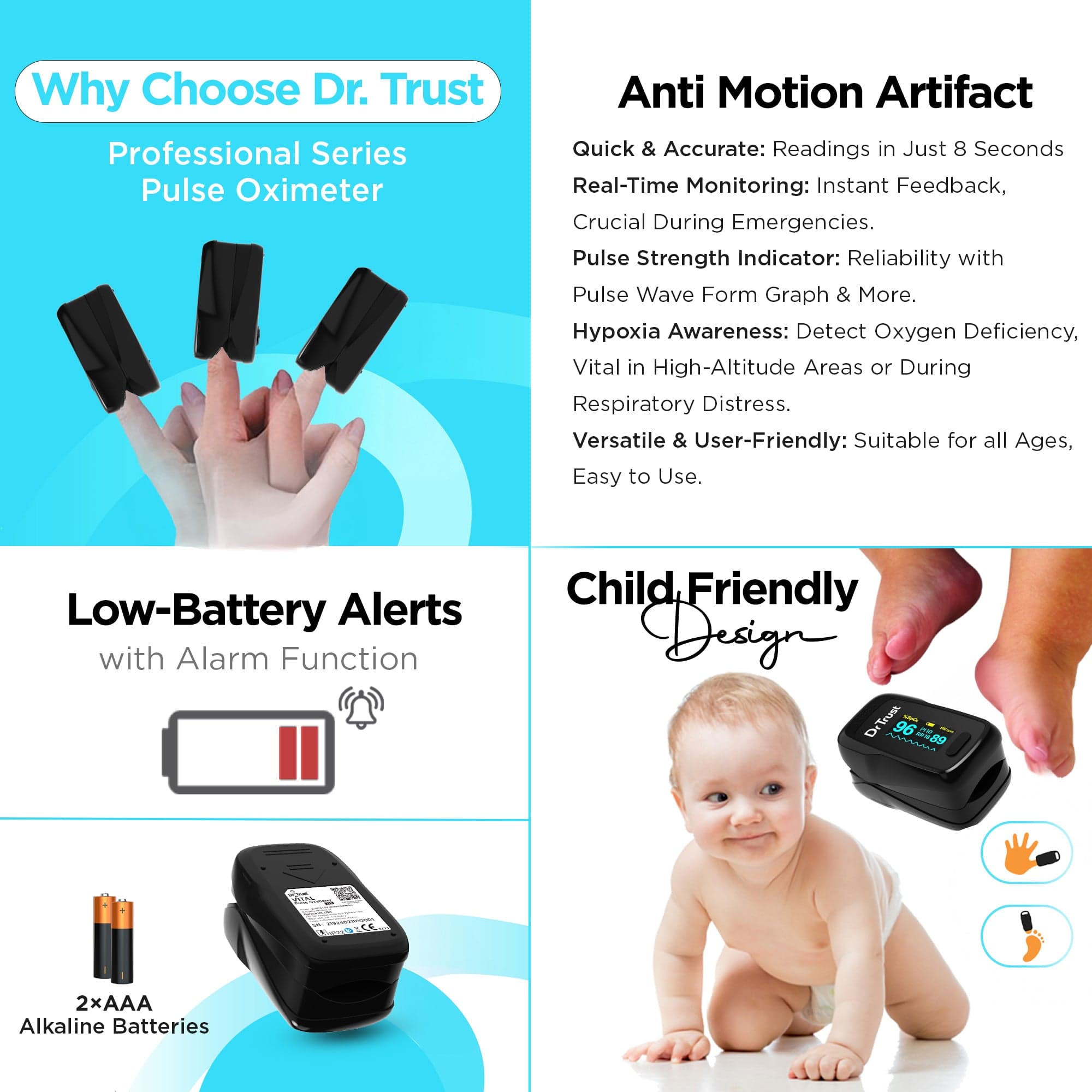 Dr Trust USA Vital Pulse Oximeter - Accurate SPO2 & Heart Rate Monitor for Fingertip, Portable Blood Oxygen Saturation Meter with LED Display - Ideal for Home Use, Sports, and Health Monitoring