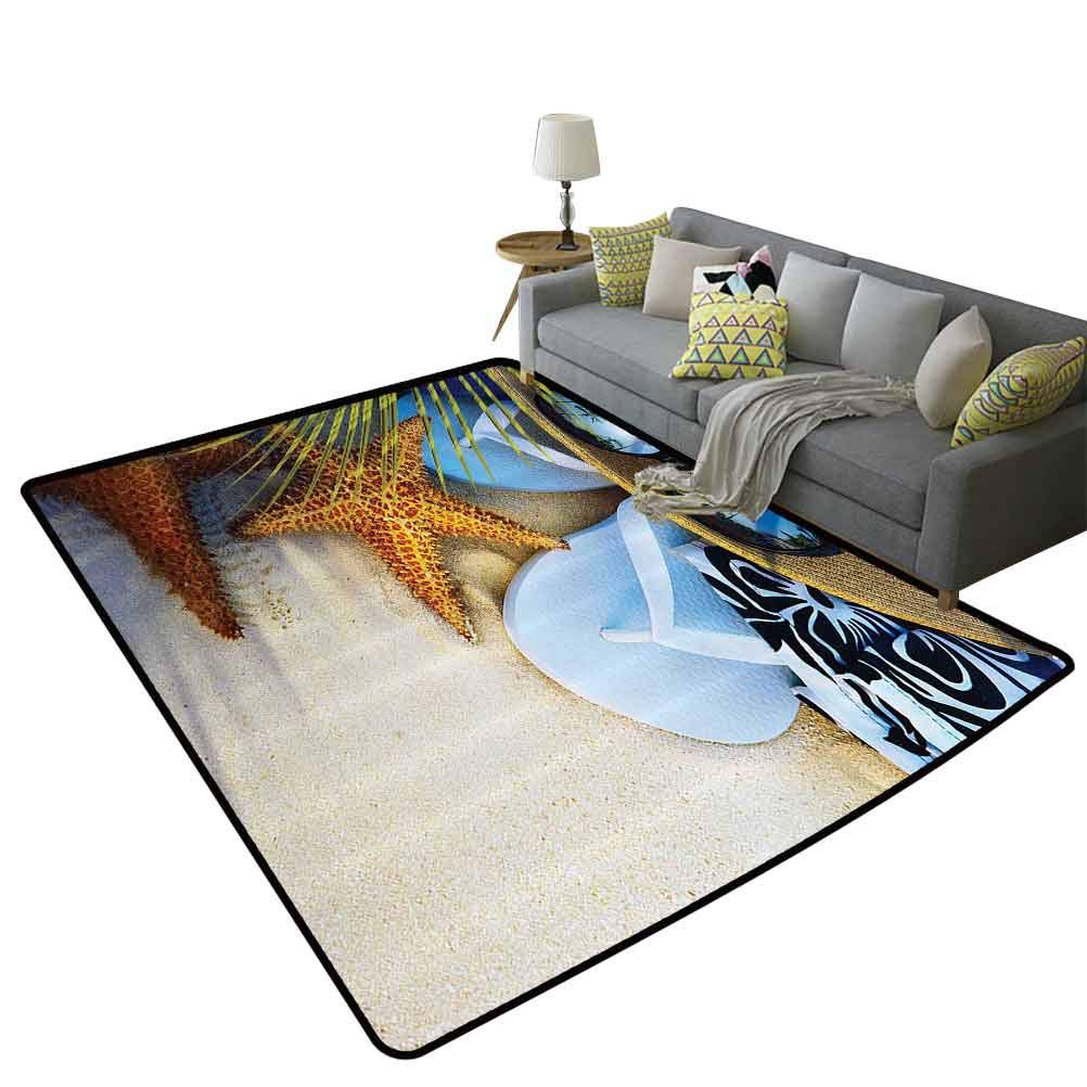 Hawaiian Beach Area Rug for Living Room - Single-Sided Print in Green, Blue, Brown & Gray - 5'x6' (150x180cm) - Tropical Decor for Home, Vacation Rental & Beach House