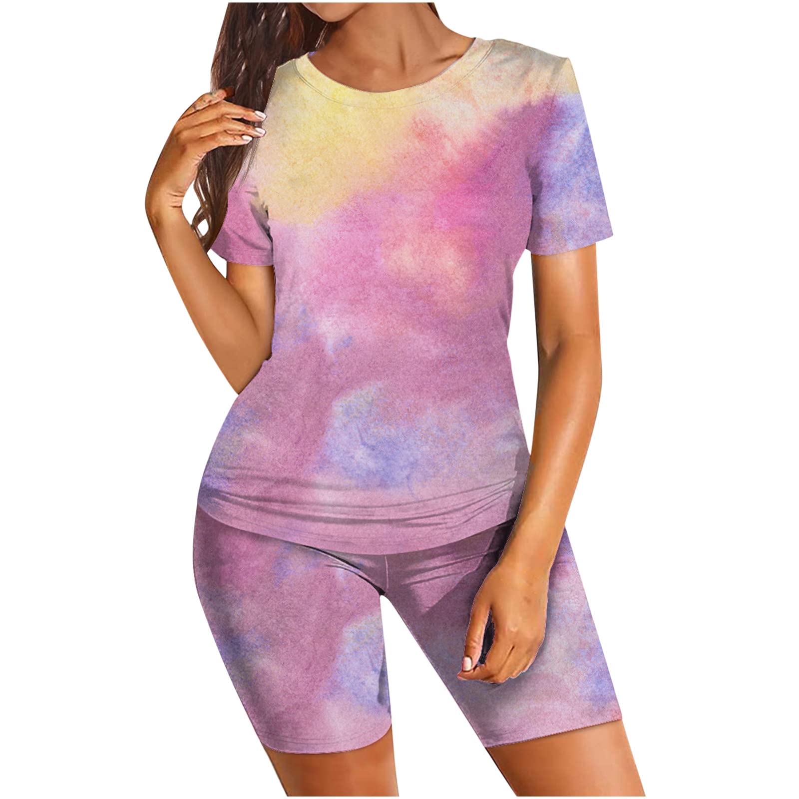 Women's Tie Dye Pajama Set - Soft Short Sleeve Top & Lounge Shorts - Comfy Sleepwear for Nighttime & Relaxation | Perfect for Sleepovers, Lounging at Home & Vacation Wear