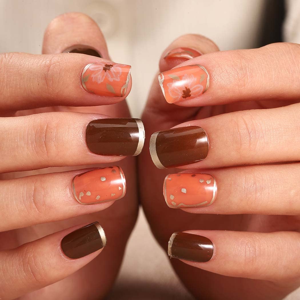 24Pcs Short Square Press on Nails - French Fake Nails with Glossy Gradient Design, Acrylic False Nails Full Cover Tips for Women & Girls | Perfect for Parties, Weddings, and Daily Wear (Orange French)